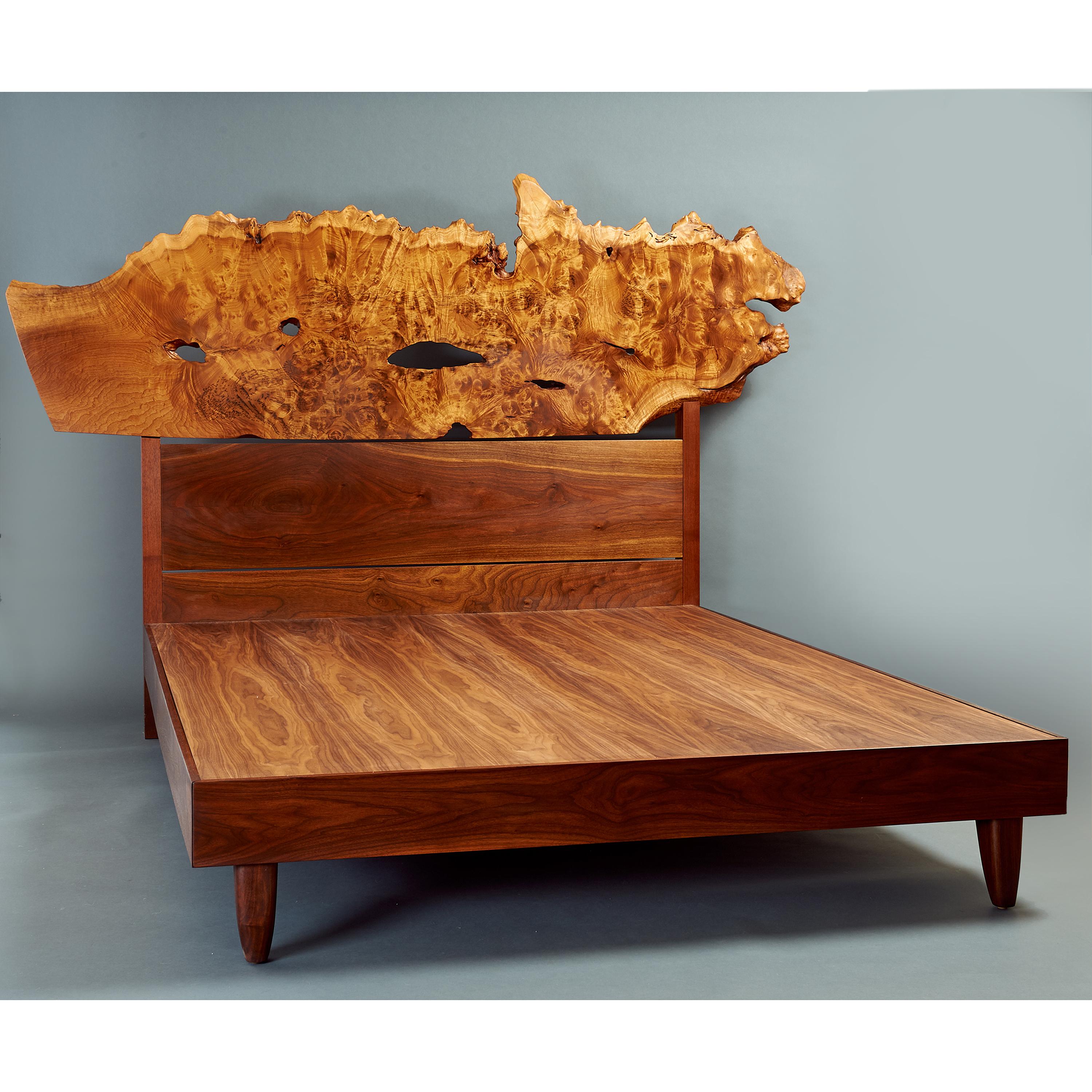 Mid-Century Modern Nakashima Unique Exceptional Queen Bed with Live-Edge Headboard in Burl & Walnut