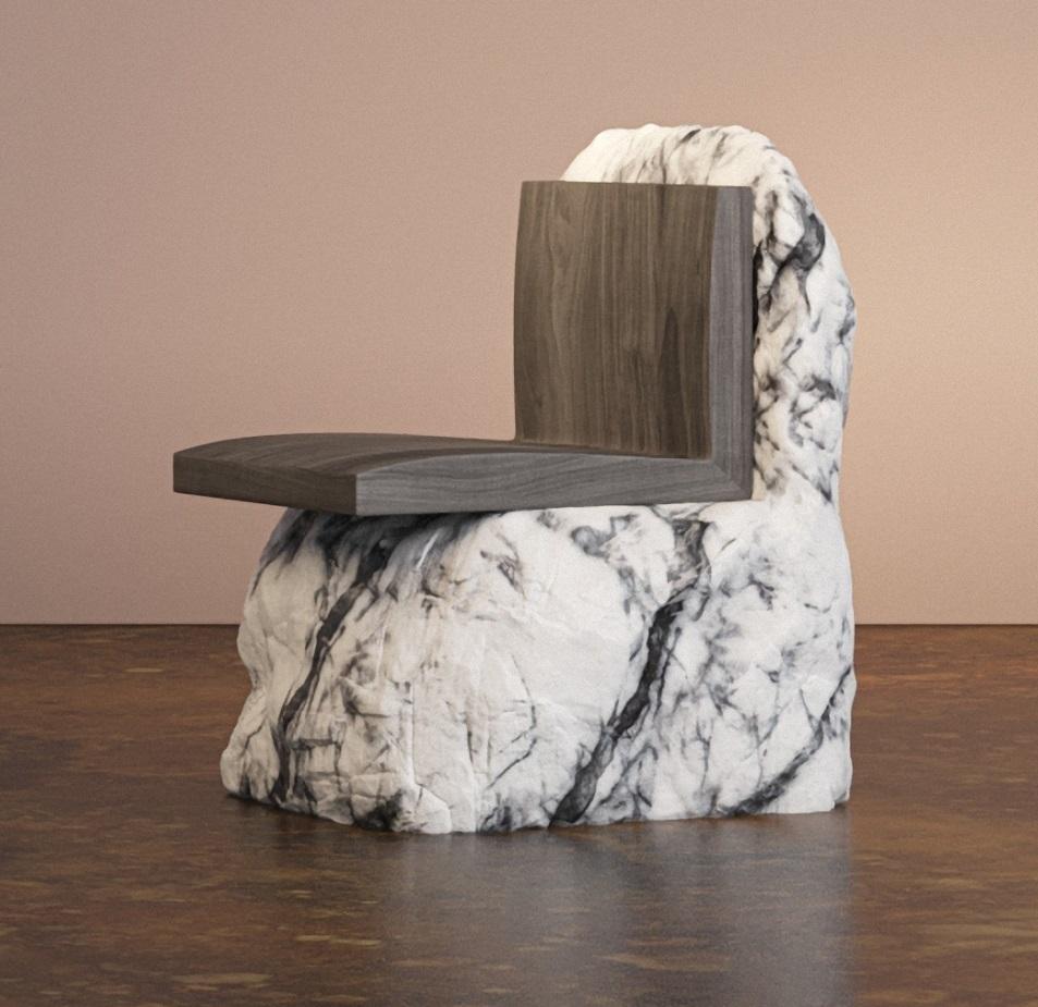 Naked Chair by Bea Interiors
One of a Kind.
Dimensions: D 60 x W 60 x H 85 cm.
Materials: Black walnut wood and marble. 

Naked is a chair crafted from a one-of-a-kind piece of rare marble that has been carefully sourced from a quarry in Portugal.