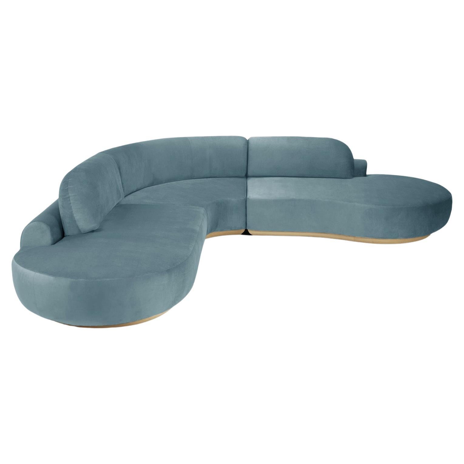 Naked Curved Sectional Sofa, 3 Piece with Natural Oak and Paris Dark Blue For Sale