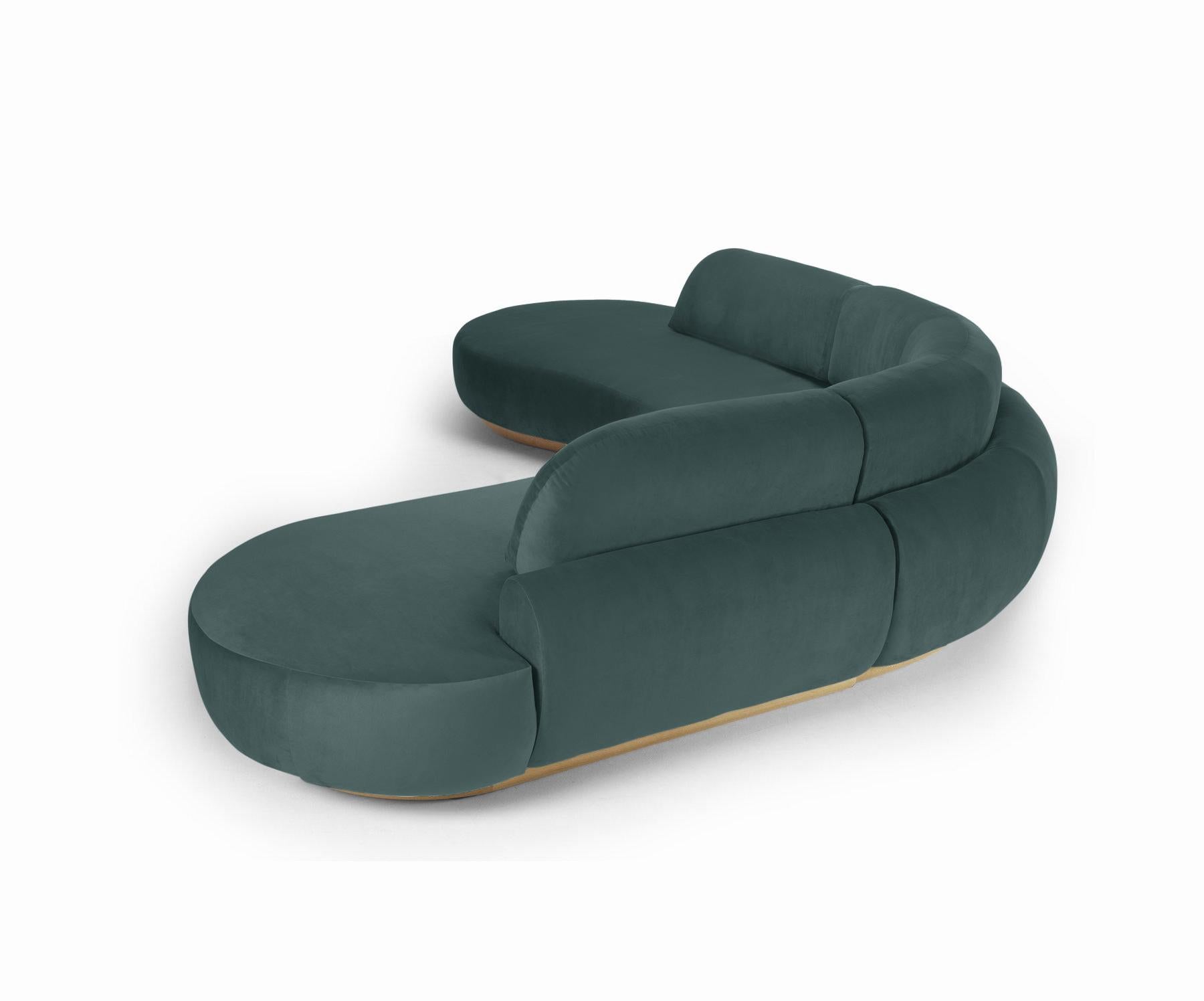 Portuguese Naked Curved Sectional Sofa, 3 Piece with Natural Oak and Teal For Sale