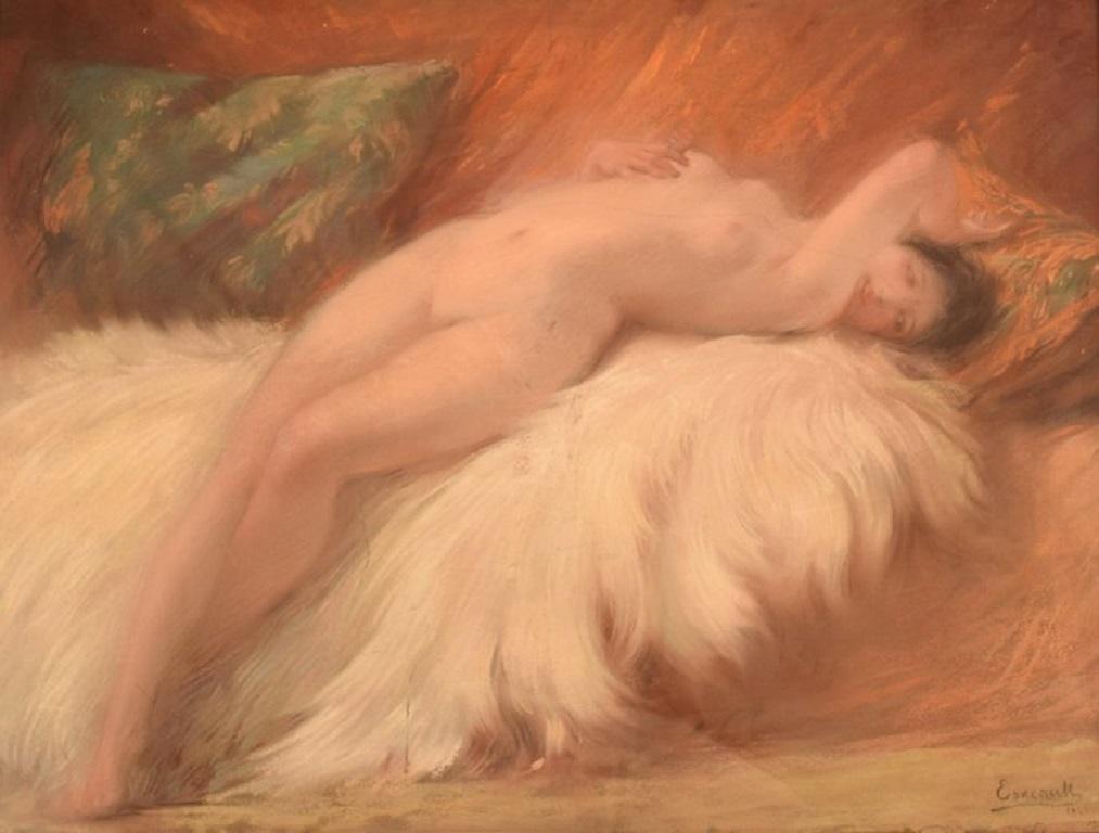 Early 20th Century Naked Young Beauty on Lambskin, French Art Deco, Pastel