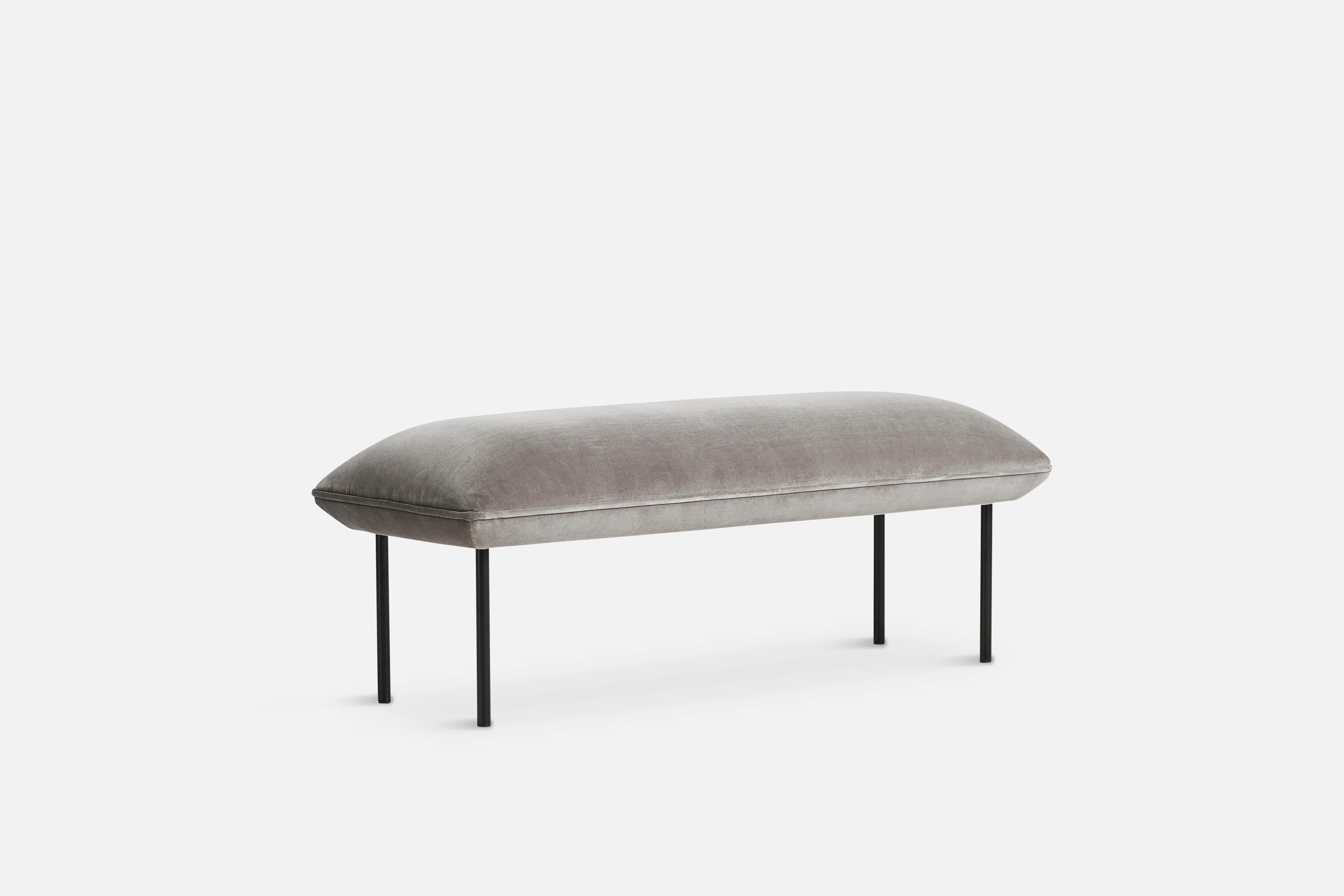 Nakki bench by Mika Tolvanen.
Materials: Foam, Plywood, Elastic Belts, fabric (Harald 3, 0143).
Dimensions: D 45 x W 120 x H 46 cm.
Also available in different colours and materials. 

The founders, Mia and Torben Koed, decided to put their 30