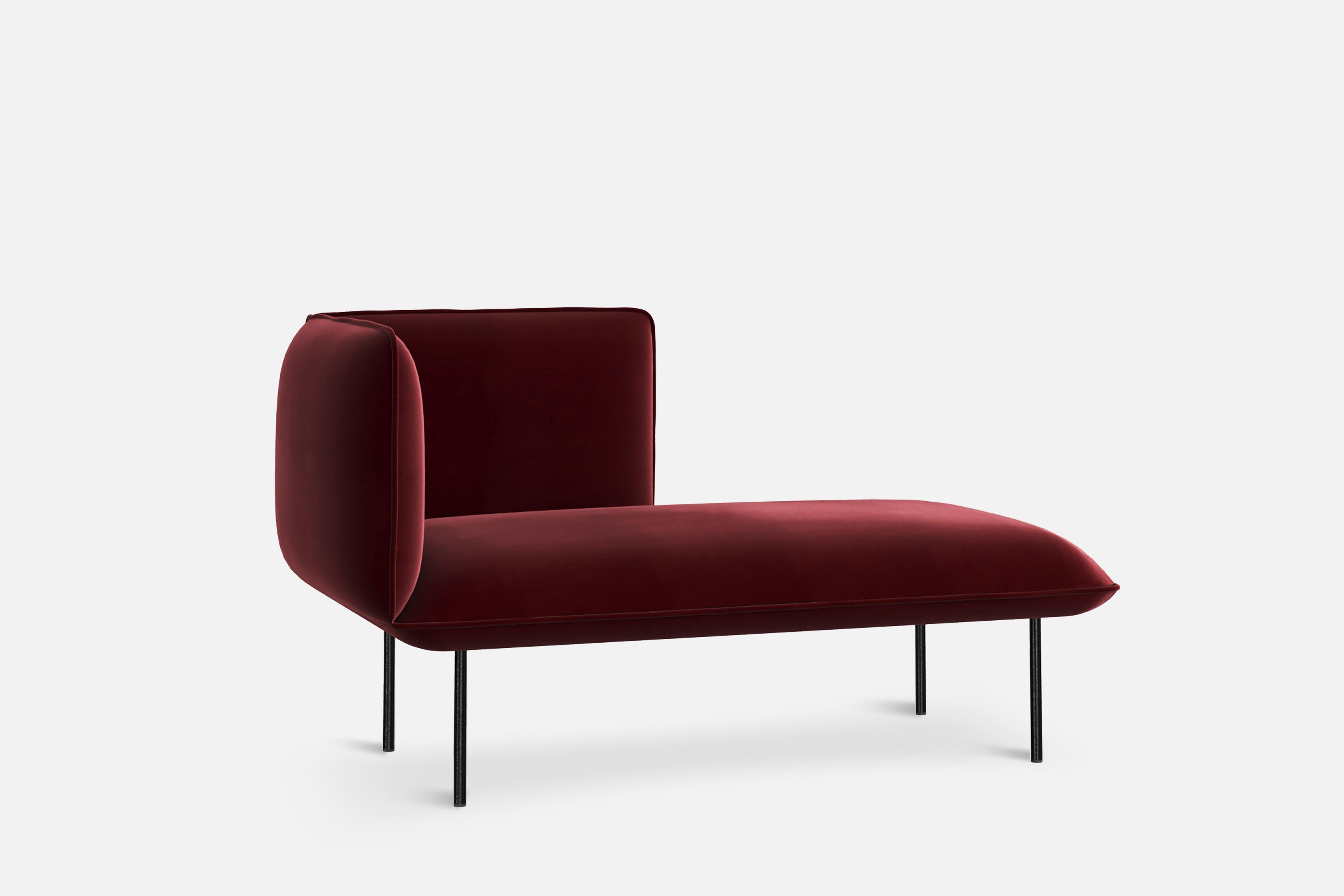 Nakki lobby chaise longue Left by Mika Tolvanen
Materials: foam, plywood, elastic belts, memory foam, fabric (Harald 3)
Dimensions: D 78 x W 150 x H 82 cm.
Also available in different colors and materials. 

The founders, Mia and Torben Koed,