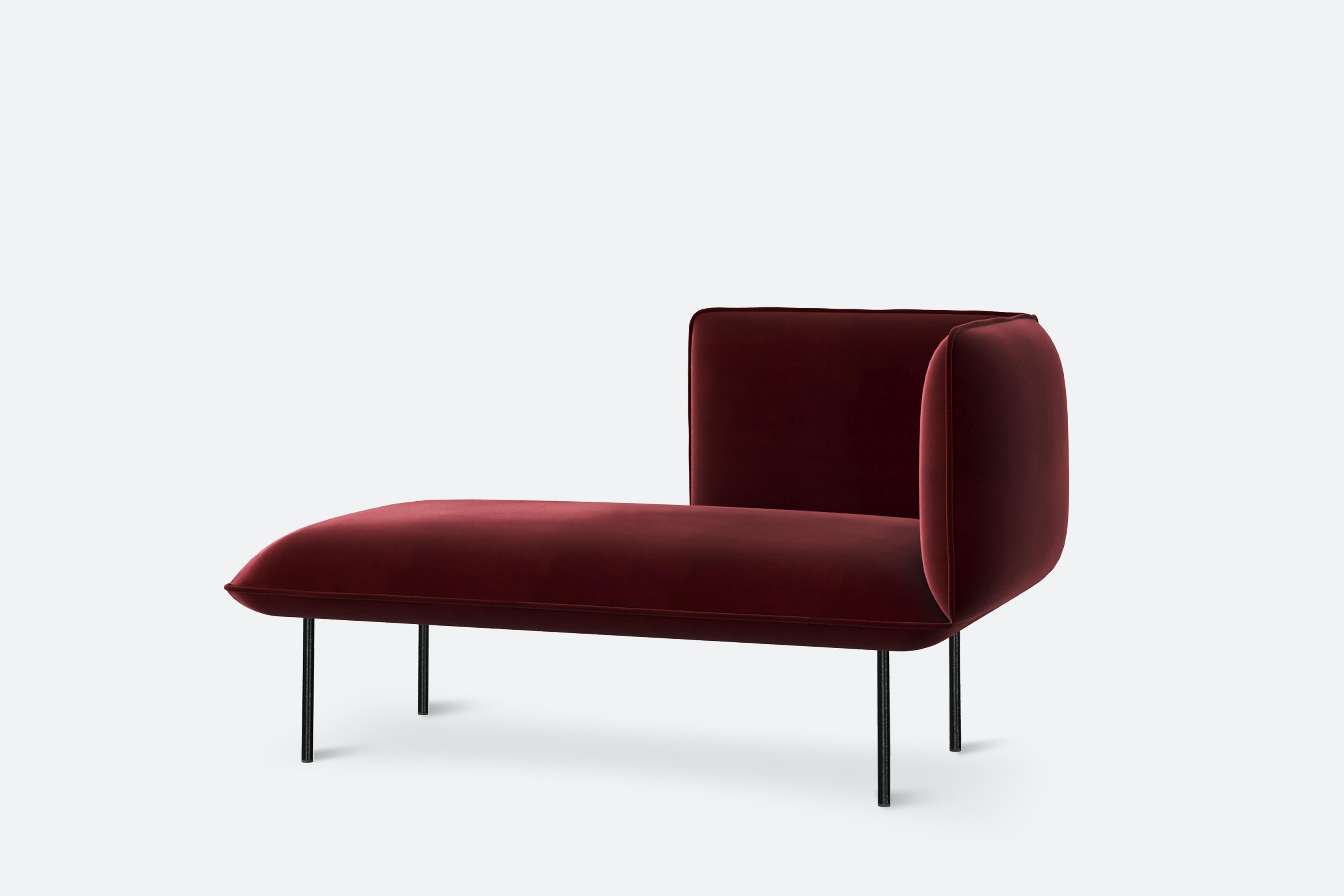 Nakki Lobby Chaise Longue right by Mika Tolvanen.
Materials: foam, plywood, elastic belts, memory foam, fabric (Harald 3).
Dimensions: D 78 x W 150 x H 82 cm.
Also available in different colours and materials. 

The founders, Mia and Torben