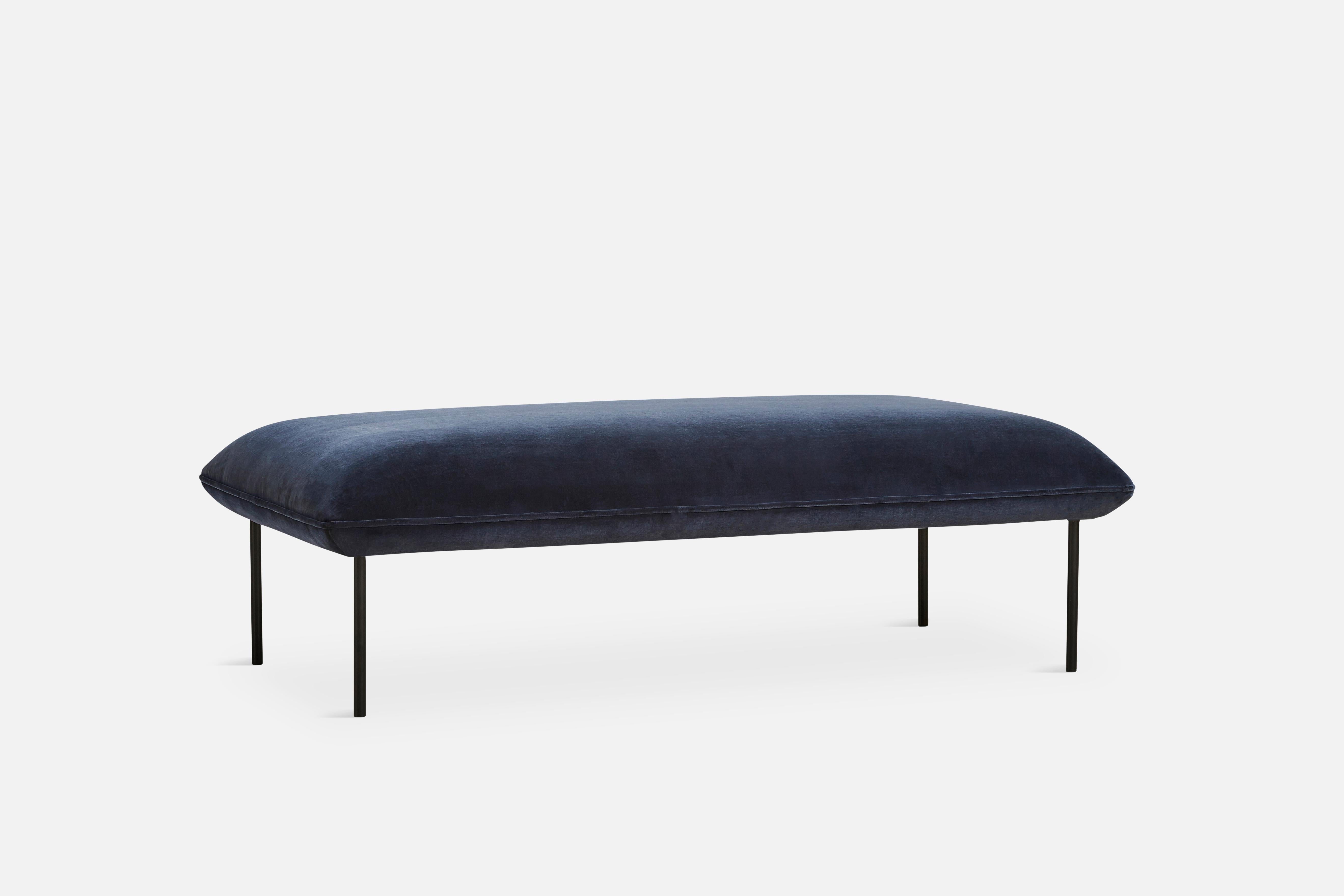 Nakki long ottoman by Mika Tolvanen
Materials: Foam, plywood, elastic belts, memory foam, fabric (Harald 3, 0182)
Dimensions: D 80 x W 150 x H 46 cm
Also available in different colours and materials.

The founders, Mia and Torben Koed, decided