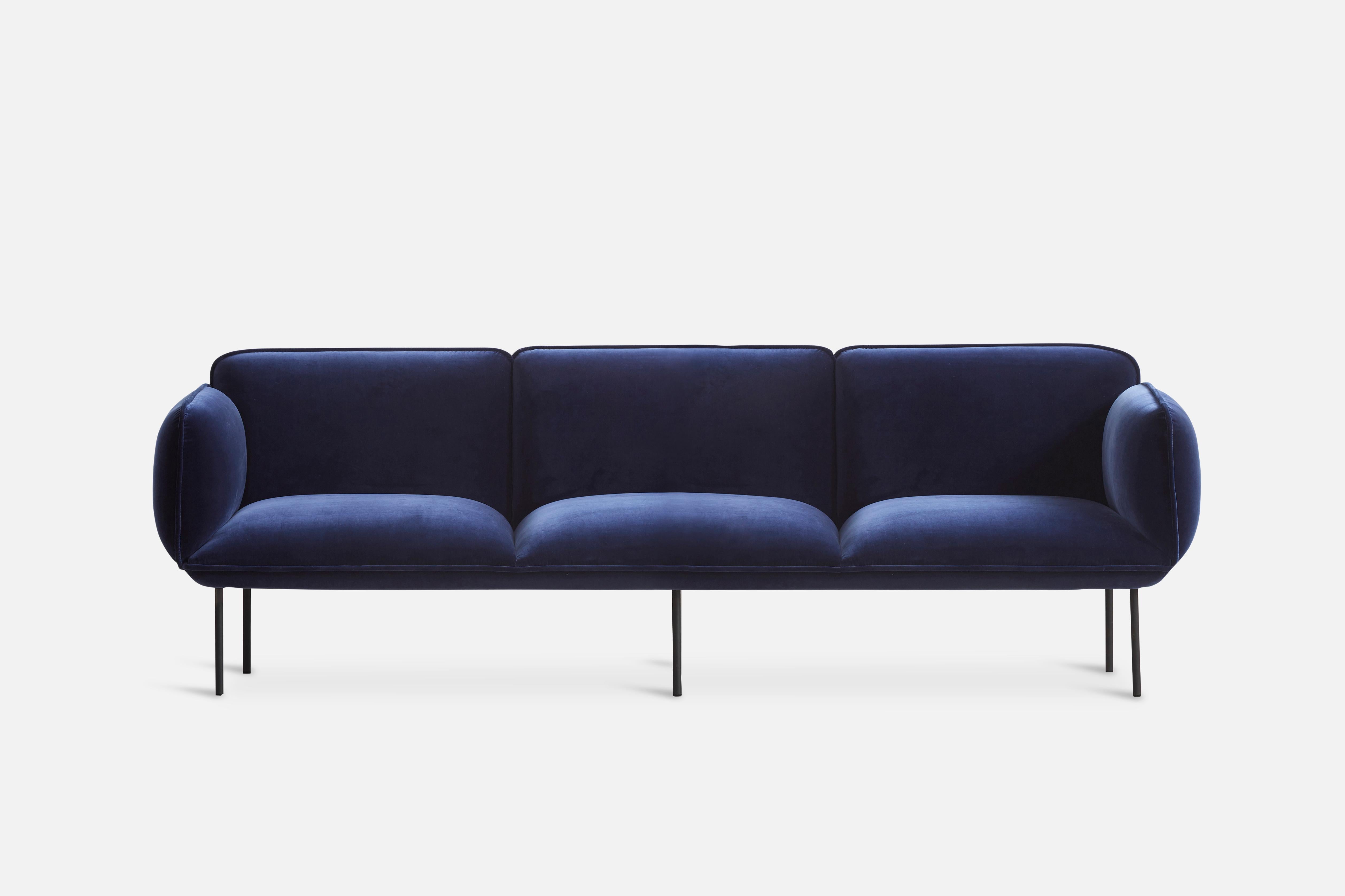 Nakki seater 3 by Mika Tolvanen.
Materials: Foam, plywood, elastic belts, memory foam, fabric (Harald 3, 0182).
Dimensions: D 78 x W 245 x H 83 cm.
Also available in different colours and materials.

The founders, Mia and Torben Koed, decided