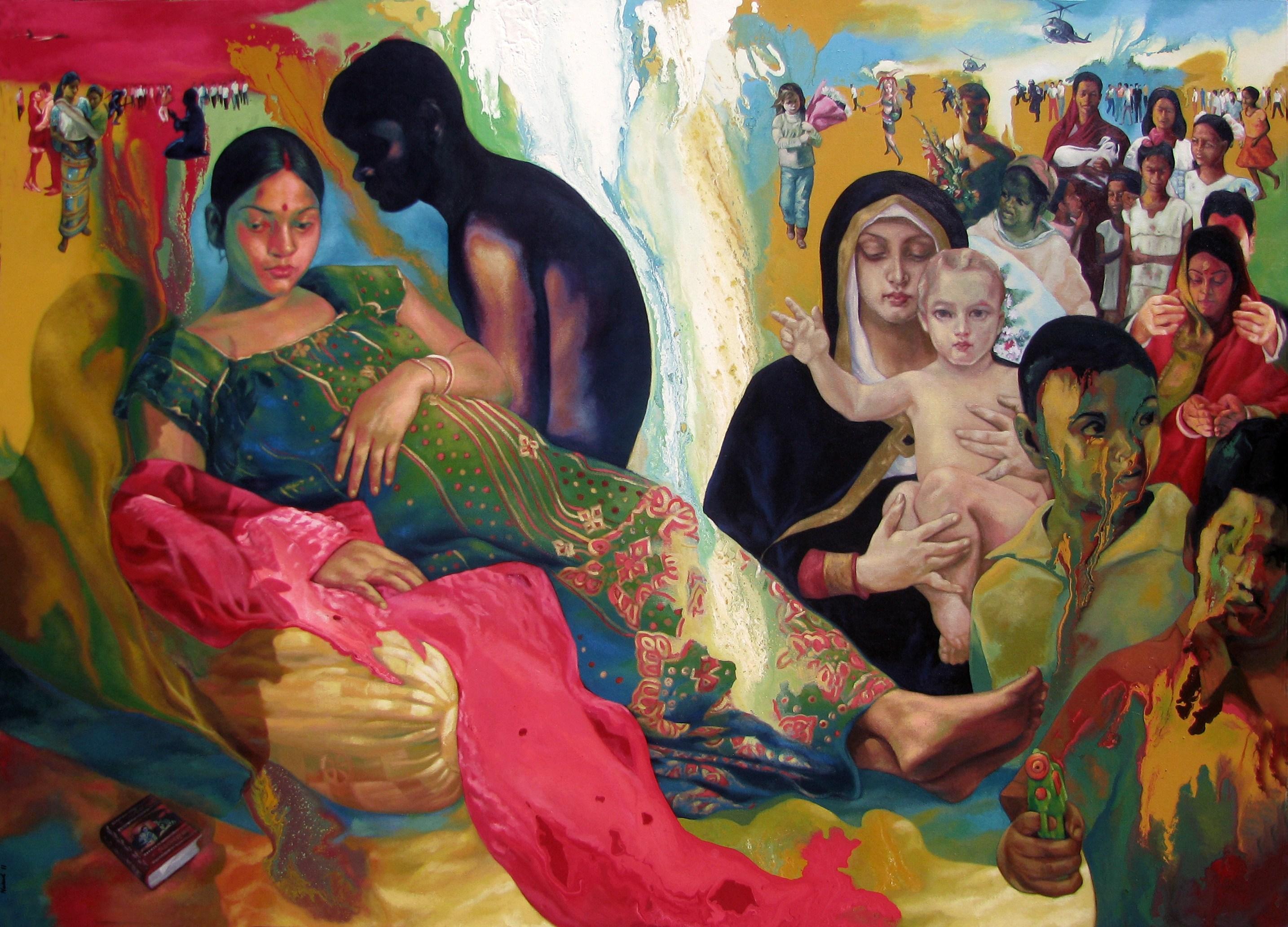 Titulado "Anamika - Somos tus buenos deseos"

Nakul Mondal (nacido en 1982 en Burdwan, Bengala Occidental, India) completó su máster en pintura en la histórica escuela de arte Kala-Bhavana, fundada por Rabindranath Tagore, donde conoció la rica