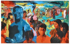 Pittura acrilica su tela di Nakul Mondal, intitolata "Sulla strada del villaggio", 2009