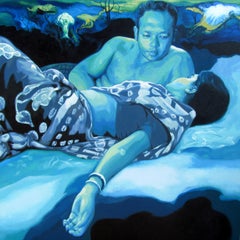 Pittura acrilica su tela di Nakul Mondal, intitolata "She Loves Music", 2016