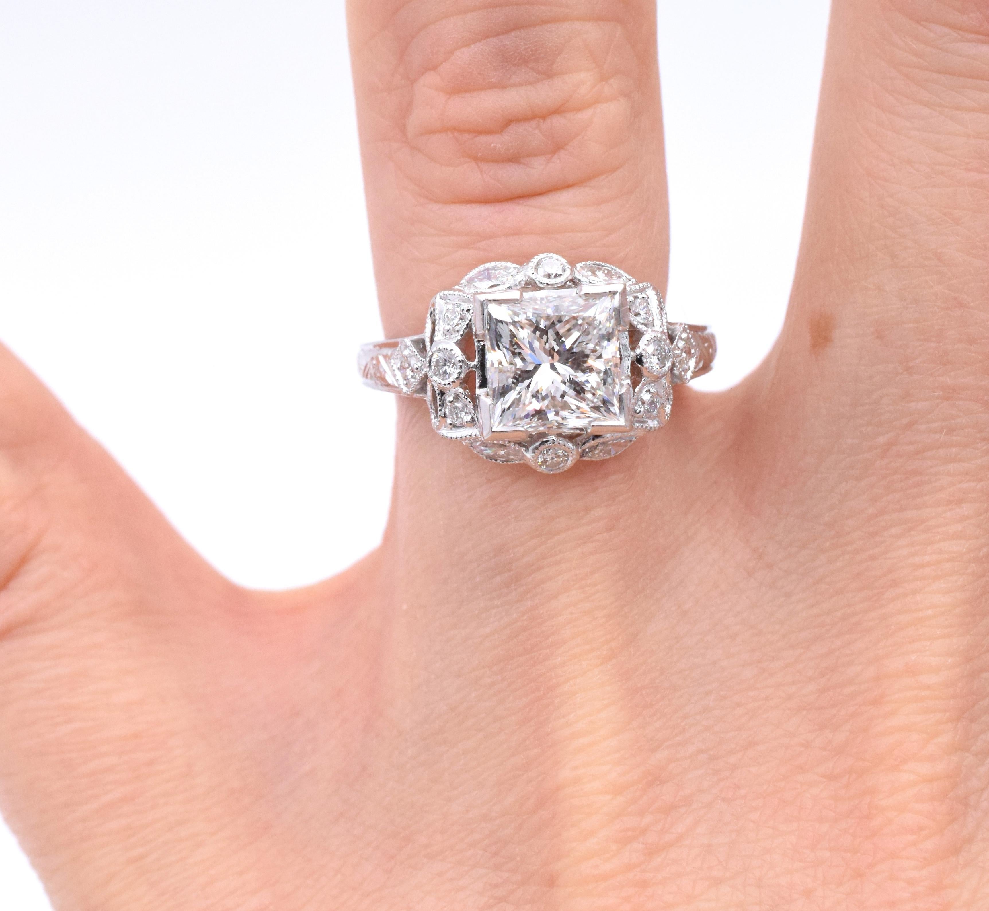 NALLY   G.I.A. Certified Princess Cut Diamond  Ring.  In Excellent Condition For Sale In New York, NY