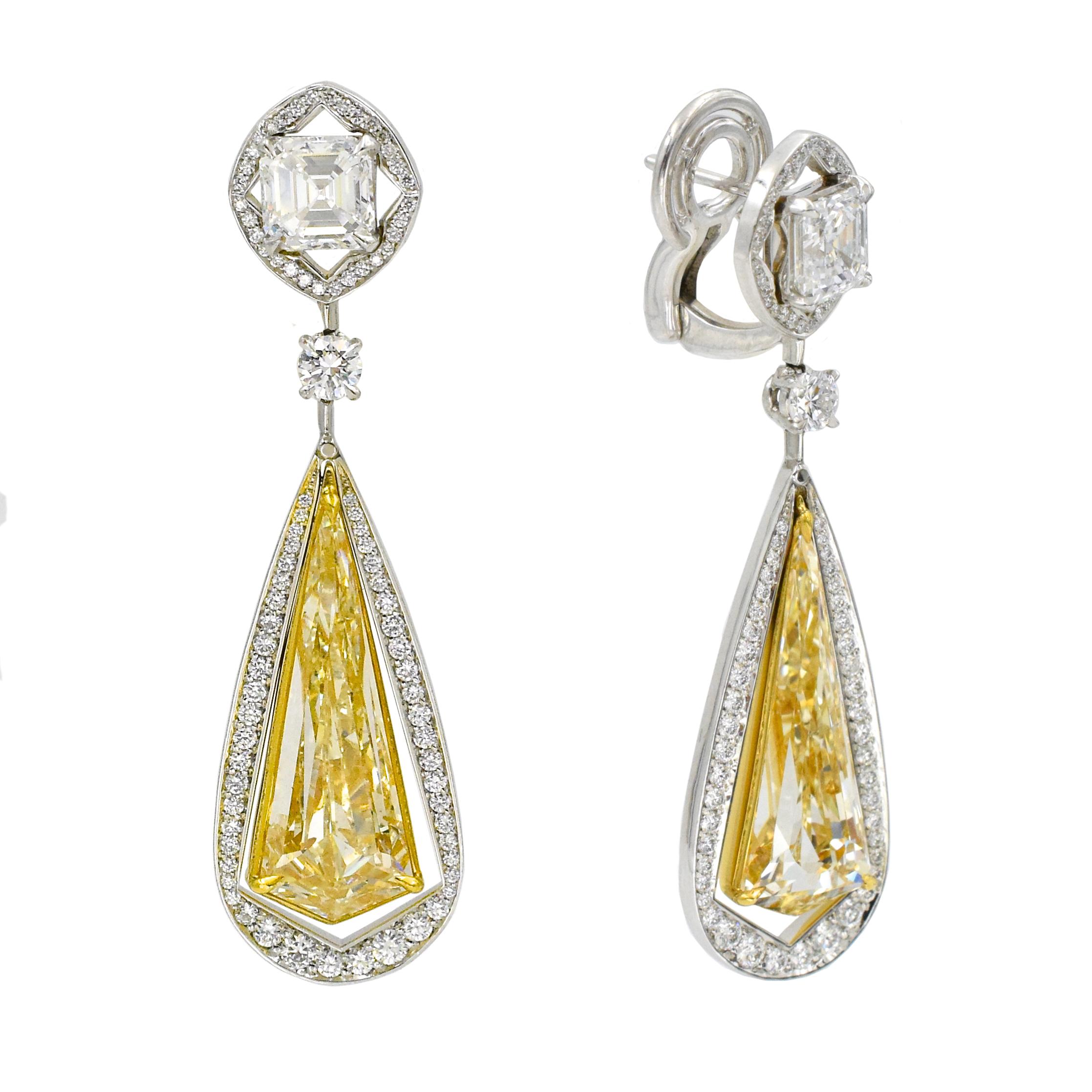 Kite Cut NALLY Unique 10.49 Carat Fancy Yellow Diamond Gold Drop Earrings For Sale