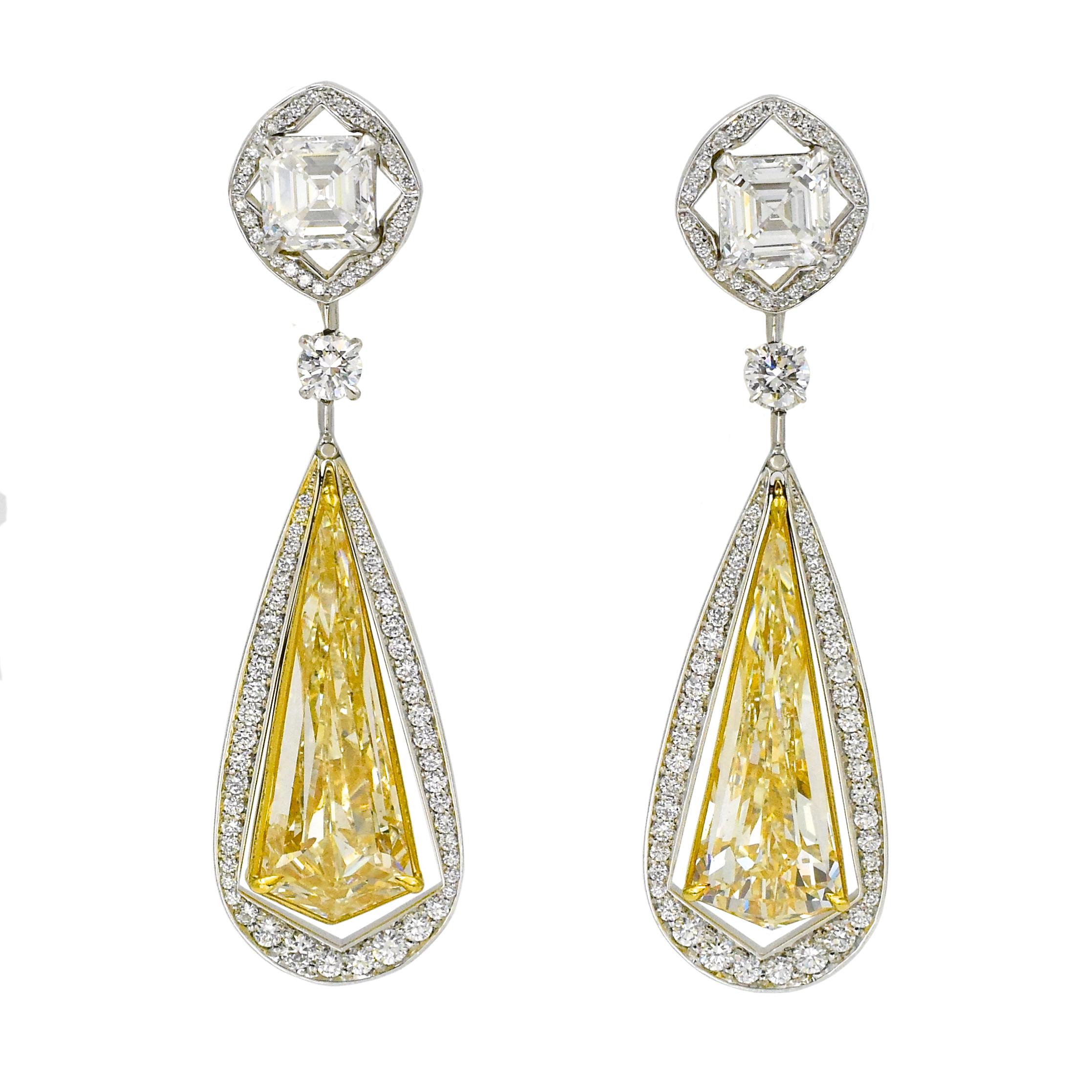 NALLY Unique 10.49 Carat Fancy Yellow Diamond Gold Drop Earrings For Sale