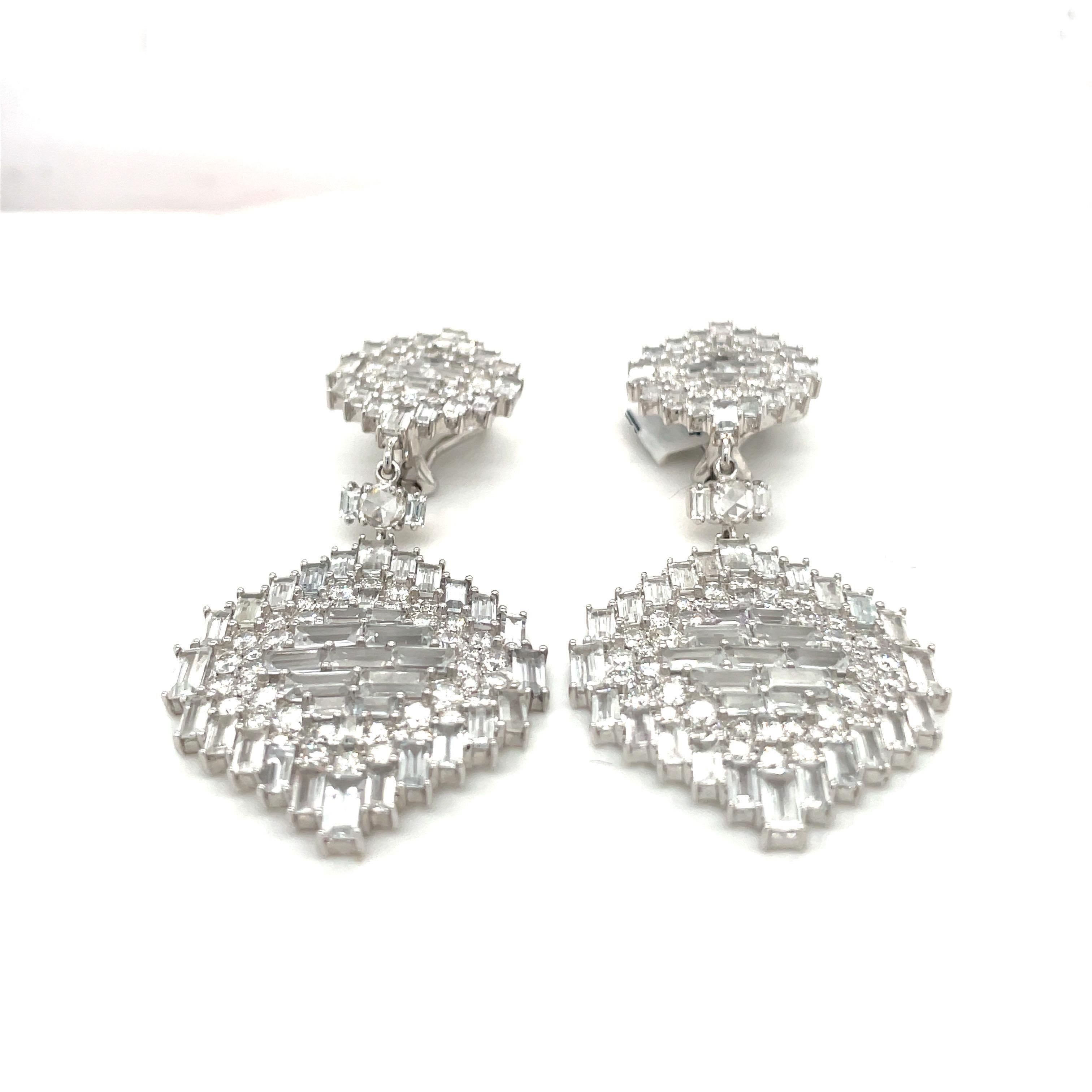 Round Cut Nam Cho 18KT WG 4.00Ct Diamond & 14.00Ct White Sapphire Hanging Earrings For Sale