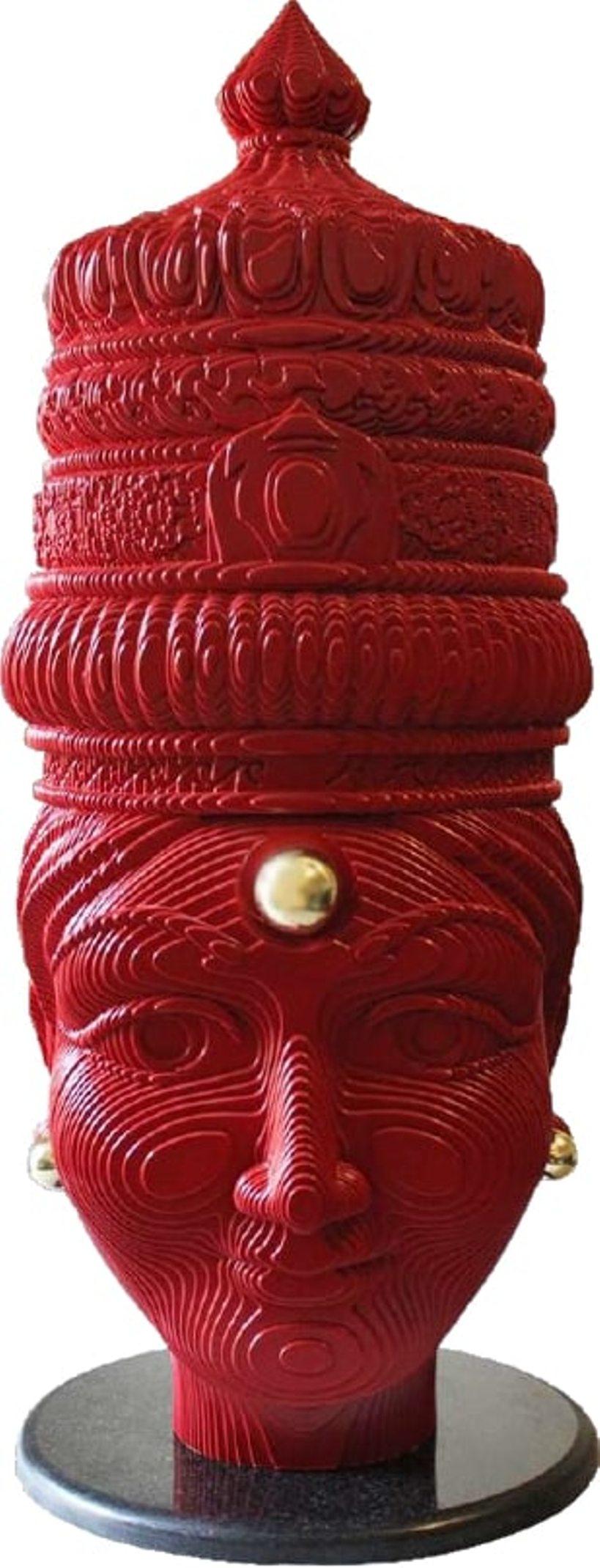 Naman Mahipal Figurative Sculpture - Women Face with Crown Bindi, MDF, Brass & Stone, Red Color by Indian "In Stock"