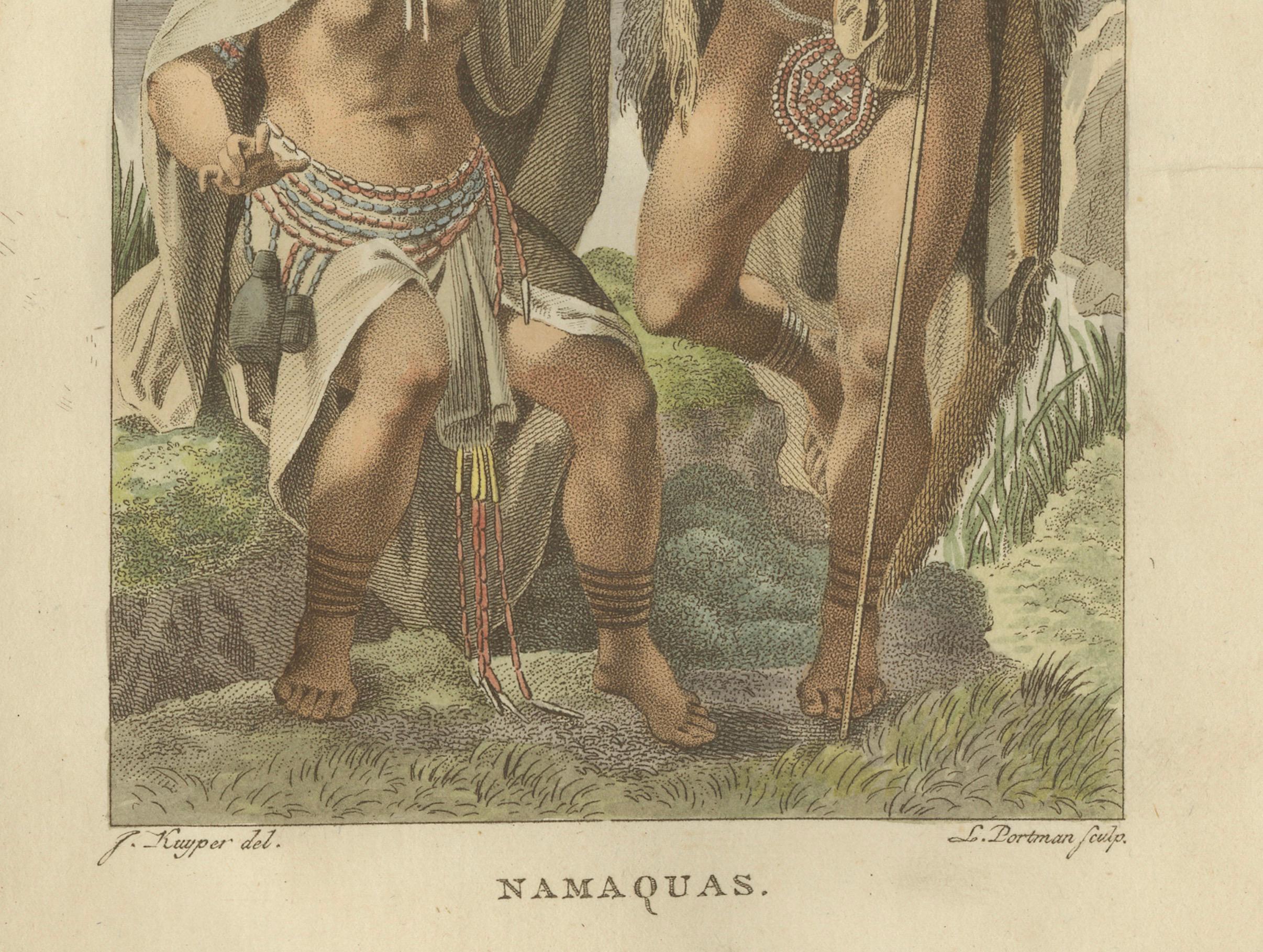 Titel: Das Volk der Namaqua im südlichen Afrika - Antiker handkolorierter ethnografischer Stich (um 1800)

Ein wunderschön handkolorierter ethnografischer Stich aus dem frühen 19. Jahrhundert mit dem Titel 