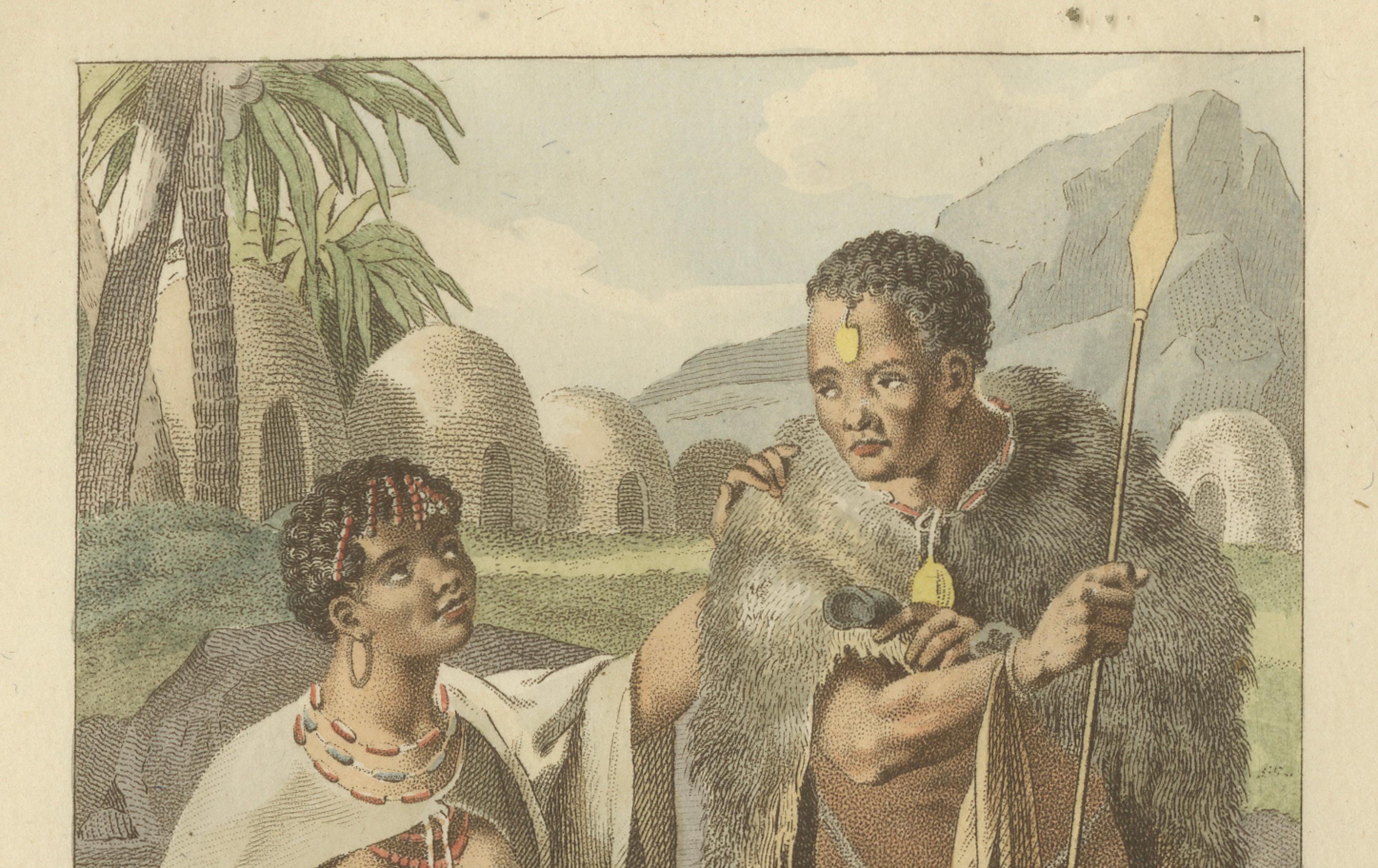 Das Volk der Namaqua im südlichen Afrika - Handkolorierter ethnografischer Stich, um 1803 (Niederländisch) im Angebot