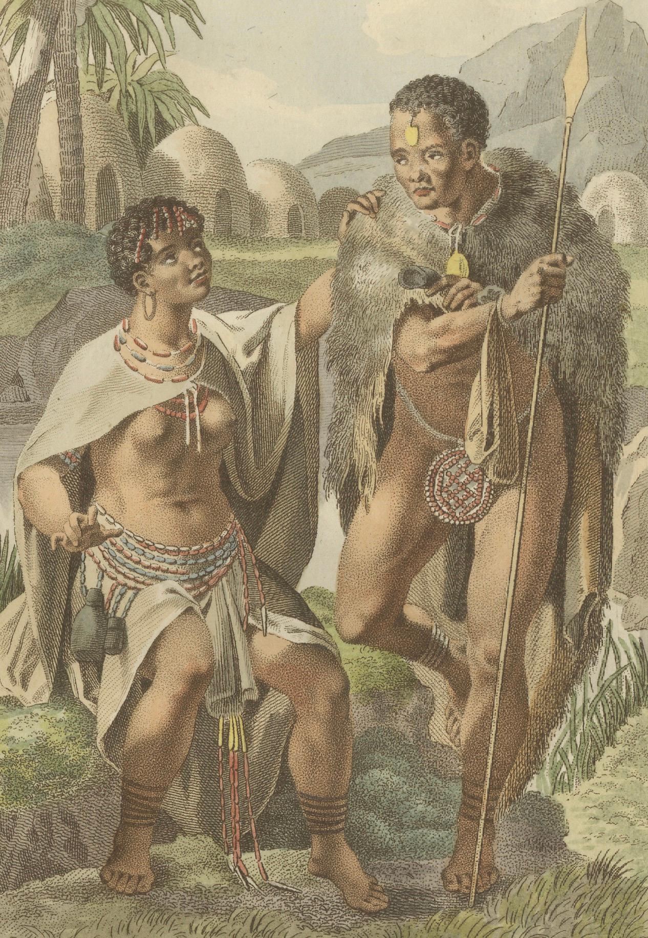 Das Volk der Namaqua im südlichen Afrika - Handkolorierter ethnografischer Stich, um 1803 (Graviert) im Angebot