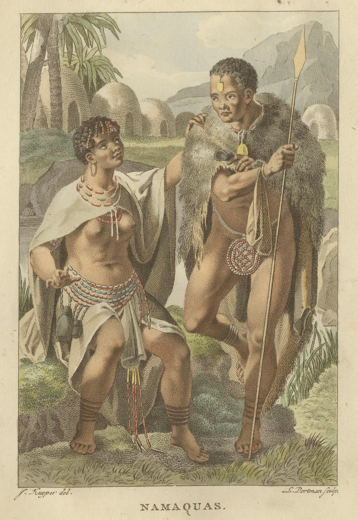 Das Volk der Namaqua im südlichen Afrika - Handkolorierter ethnografischer Stich, um 1803 im Zustand „Gut“ im Angebot in Langweer, NL