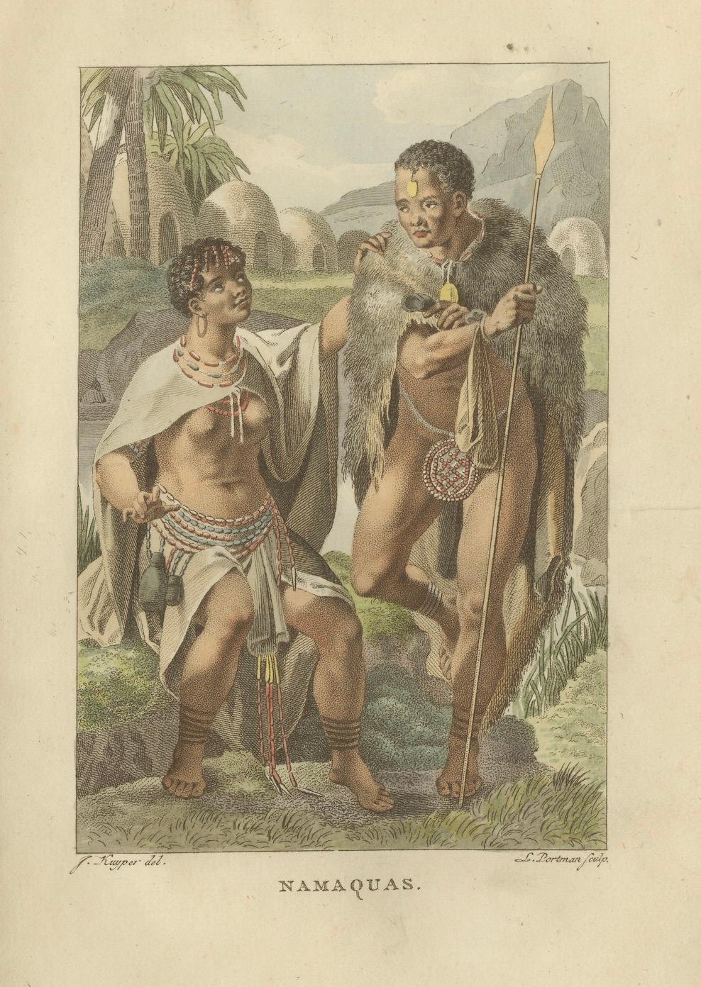 Das Volk der Namaqua im südlichen Afrika - Handkolorierter ethnografischer Stich, um 1803 (19. Jahrhundert) im Angebot