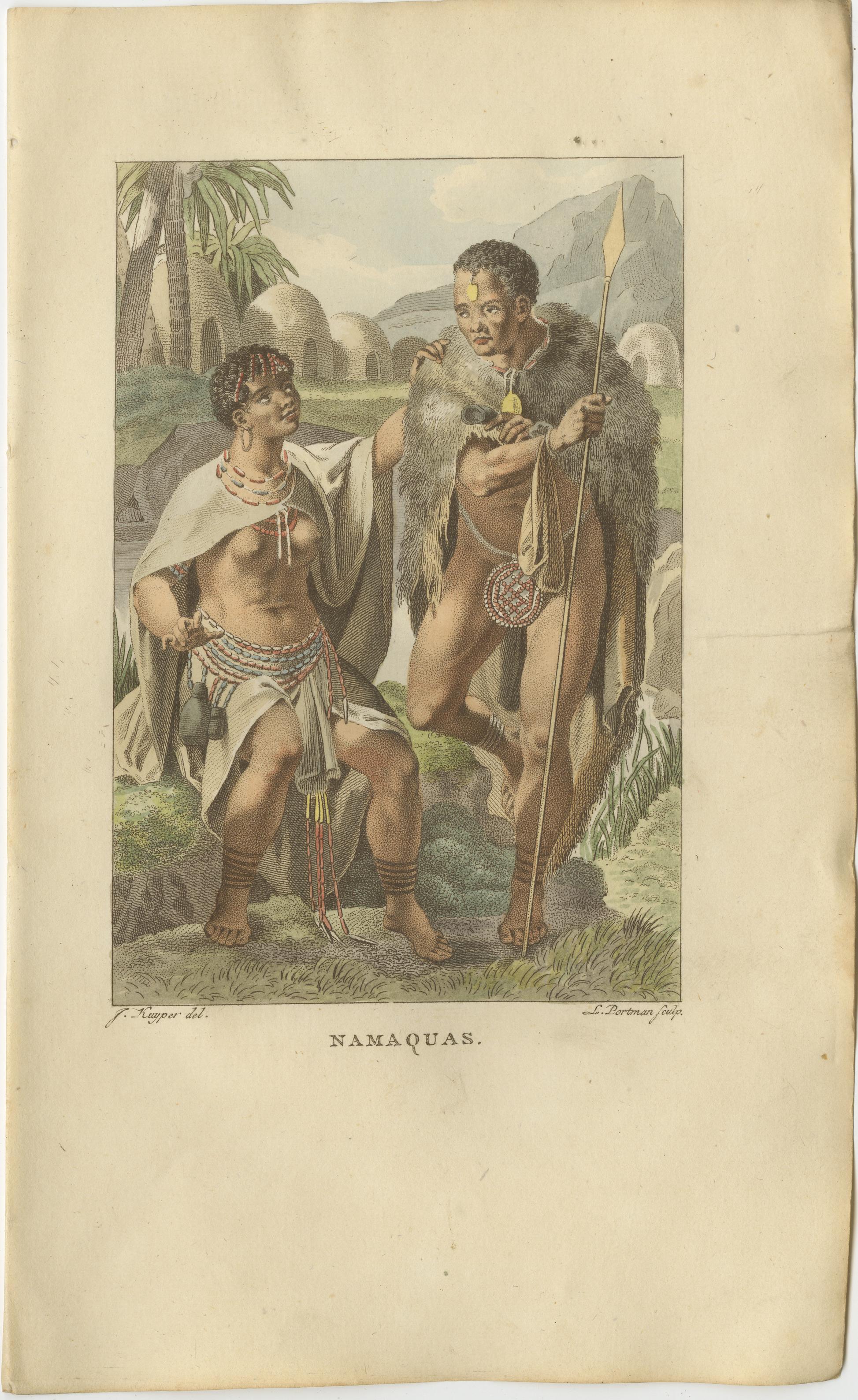 Das Volk der Namaqua im südlichen Afrika - Handkolorierter ethnografischer Stich, um 1803 (Papier) im Angebot