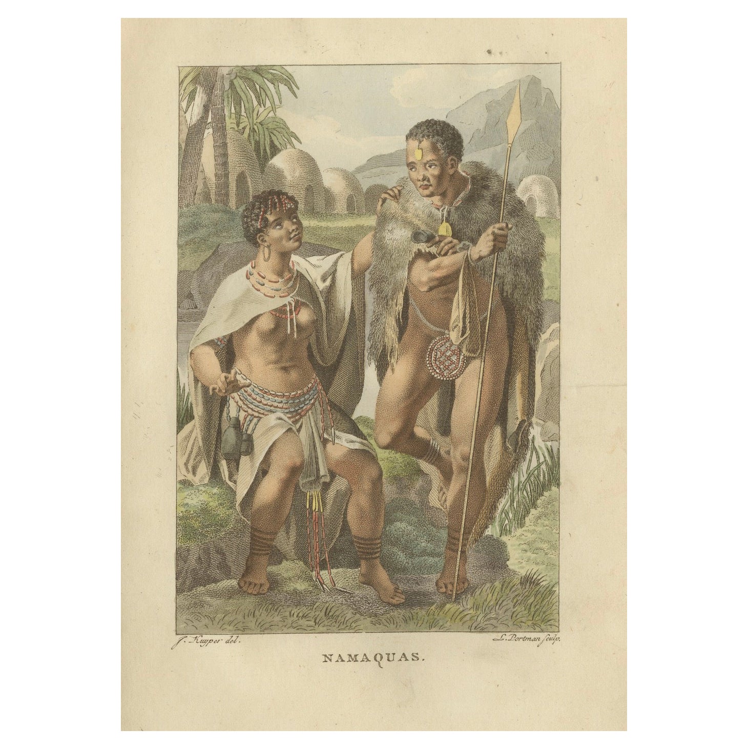Peuple Namaqua d
Afrique australe - Gravure ethnographique coloriée à la main, c.I.C.