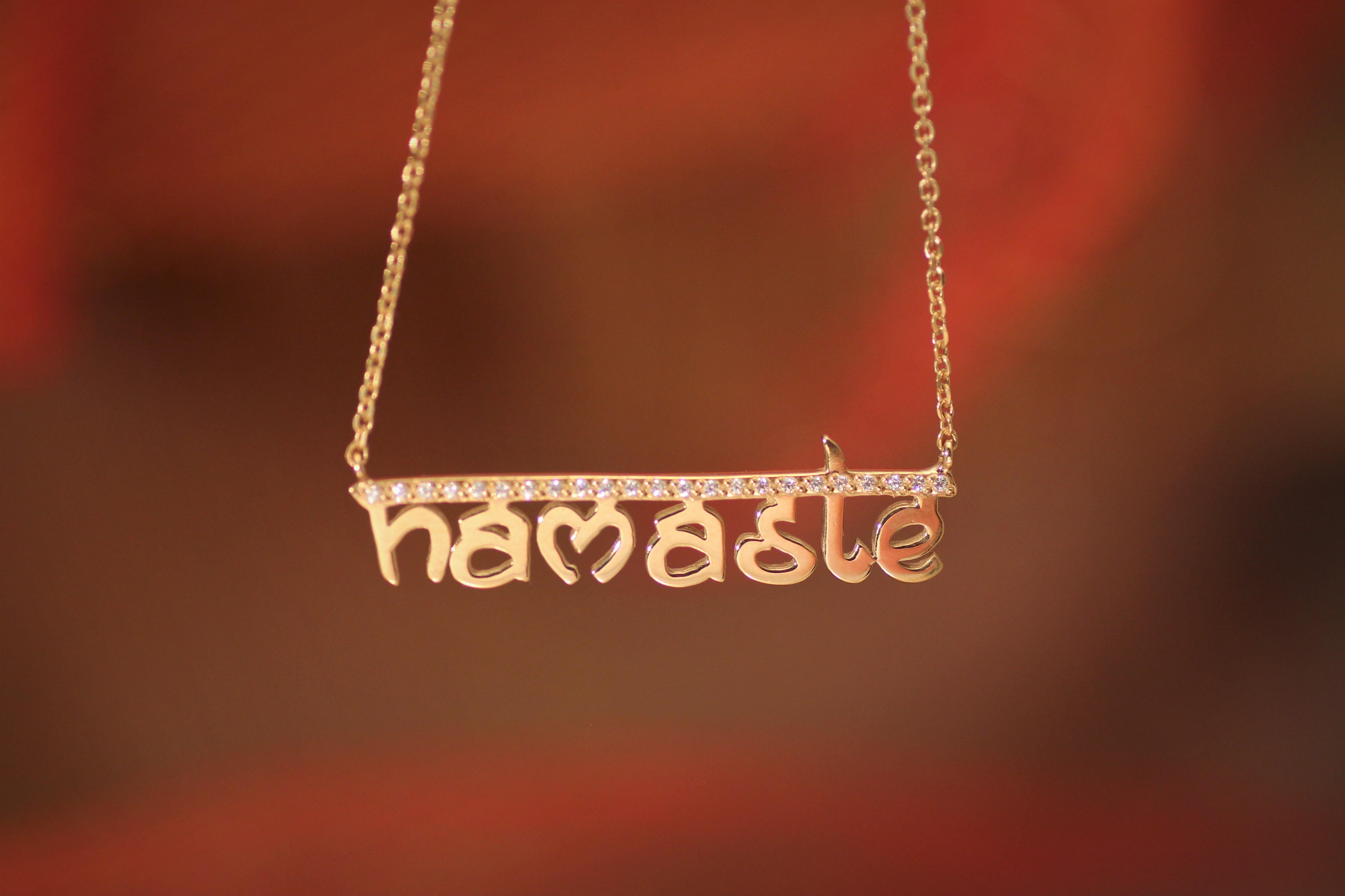 Pendant Necklace with brilliant cut diamonds inspired by Yoga ''Namaste'', handcrafted in 14Kt Gold.
Namaste is devout greeting with a wonderful content. By saying this word, you greet that place in your body, where the universe lives. This unique