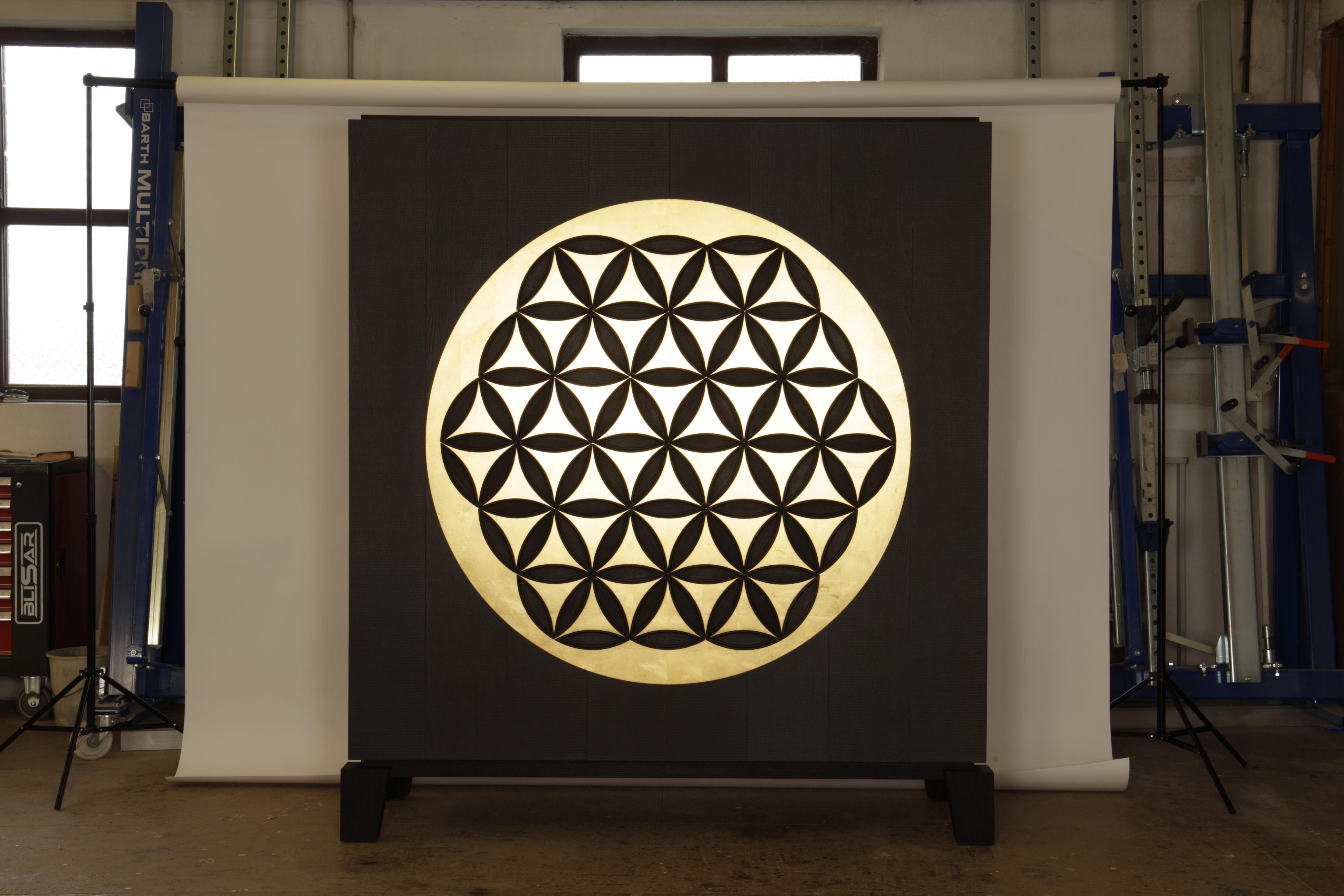 Namaste Shrine by Christian Friedl
Unique Piece.
Dimensions: D 55 x W 160 x H 182 cm.
Materials: Oak, gold leaf.

Namaste tells his story...
I am a shrine where you can store your most precious treasures. My body is made of solid oak. On my wood