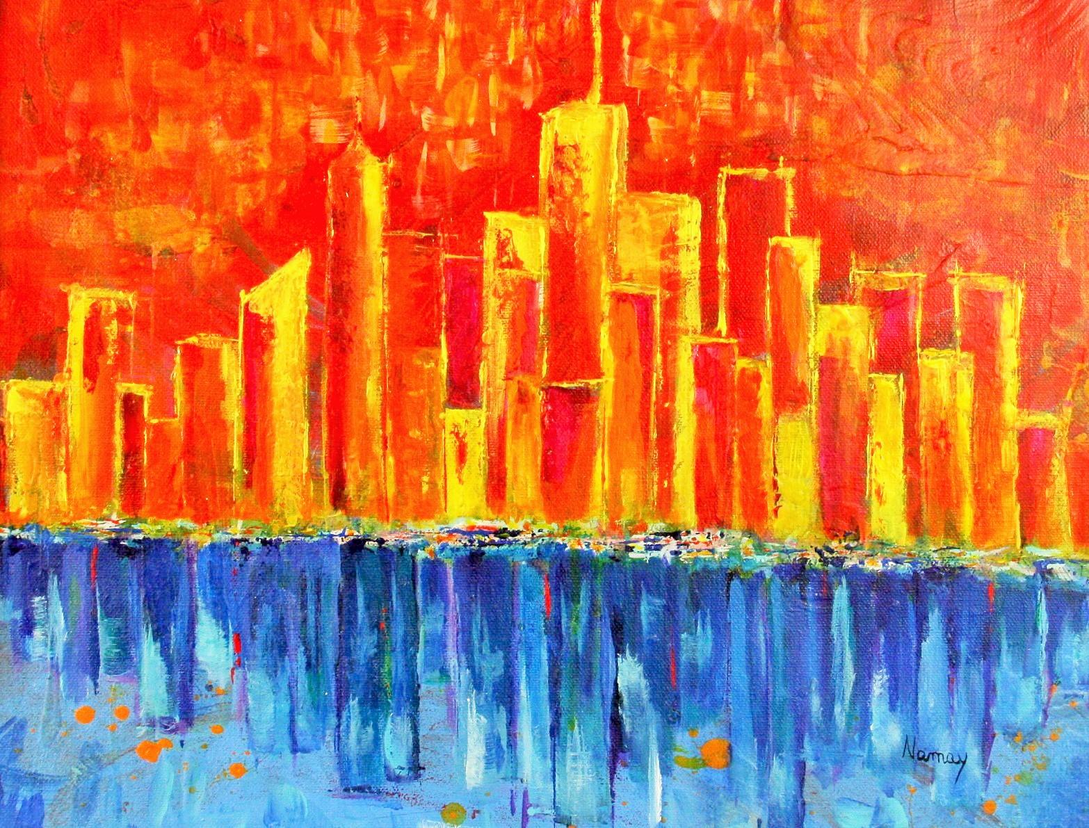 NYC Modern City River View Abstract Landscape - Painting by Namay