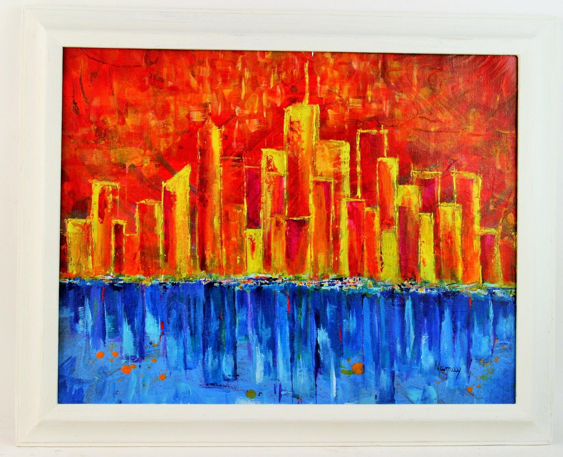 Landscape Painting di Namay - Vintage Modernista di NYC  Skyline  Vista sul fiume  Paesaggio