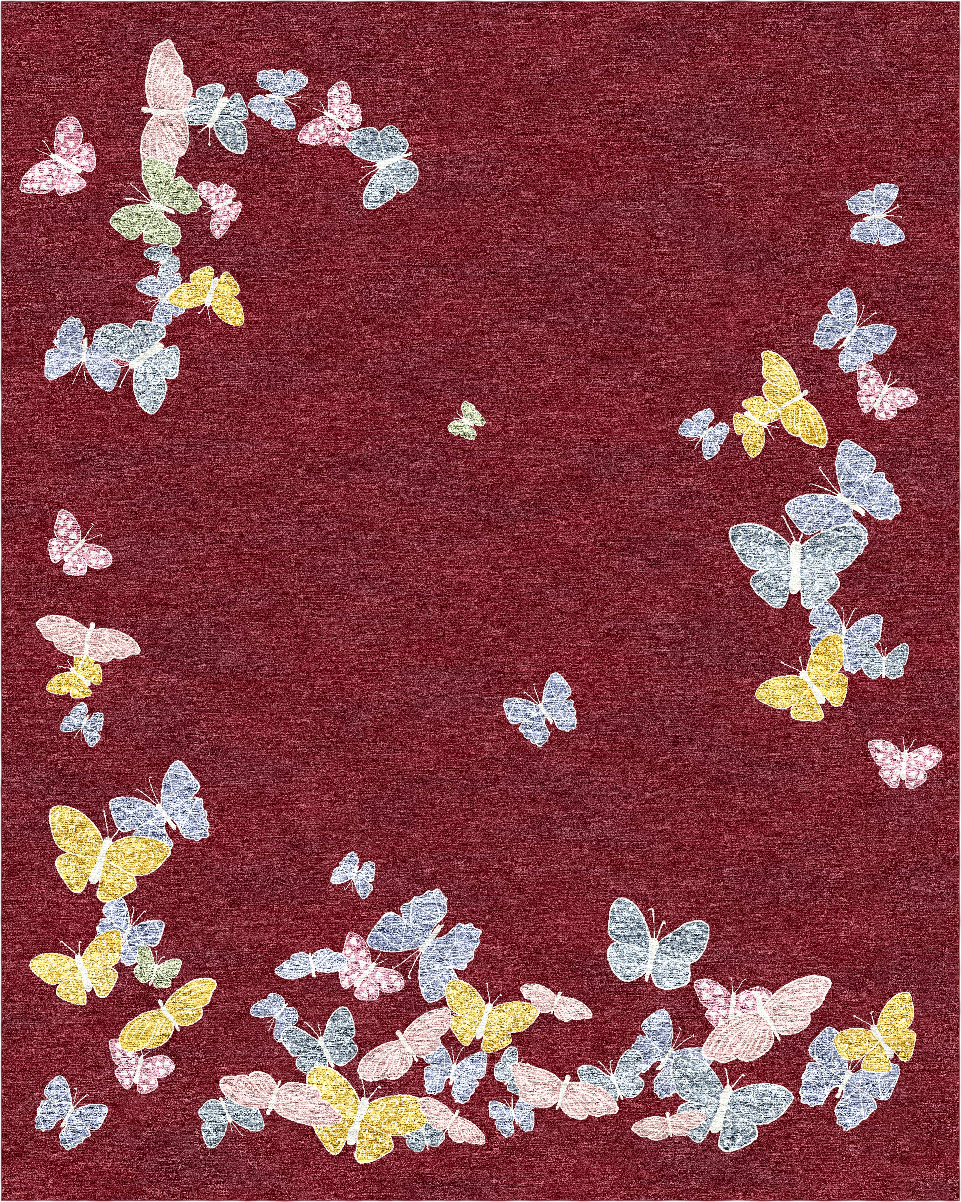 Spirit in the Sky - Red Hand knotted Butterfly Rug. Wool & Silk For Sale