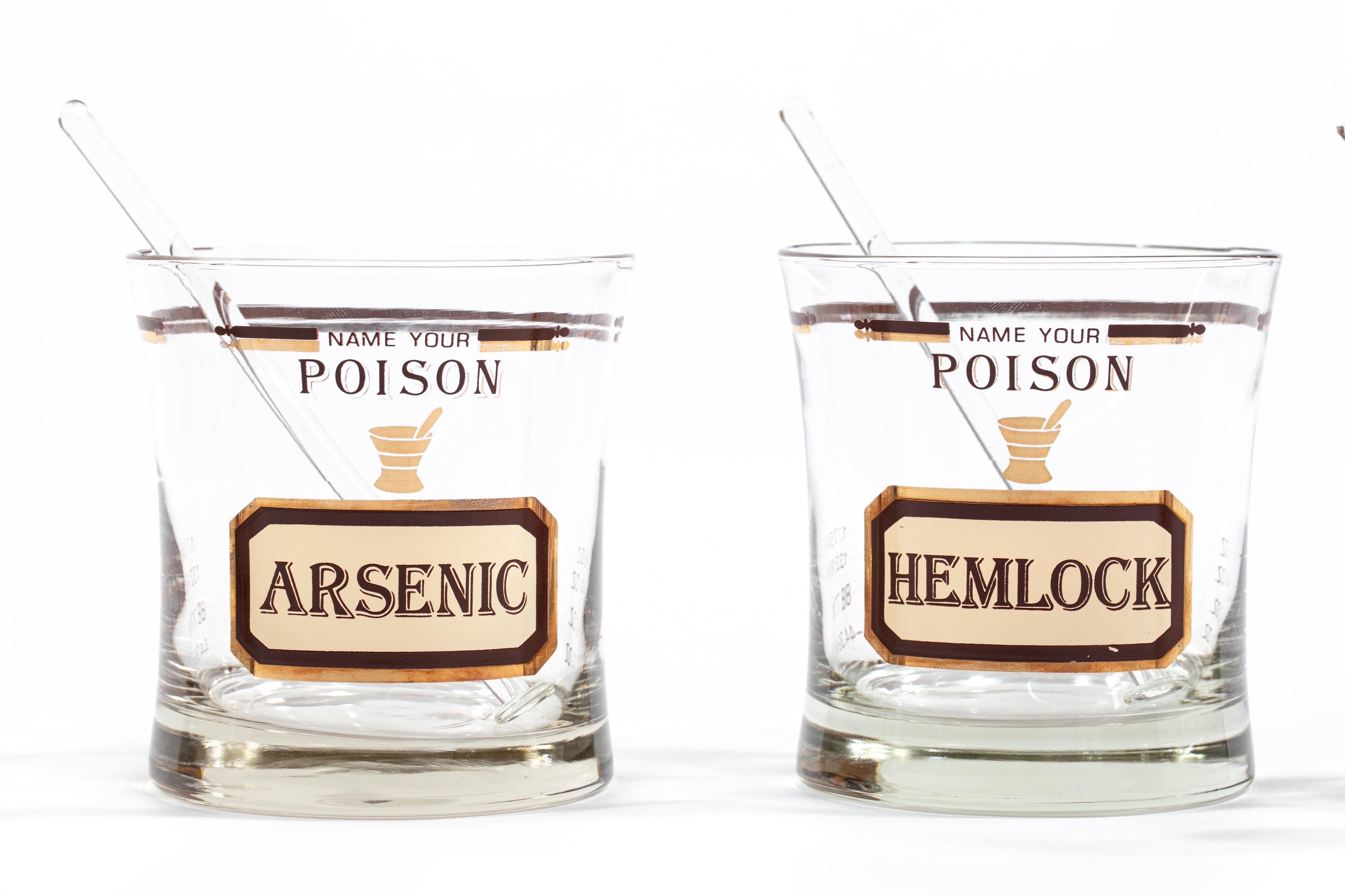 Mid-Century Modern “Name Your Poison” Apothecary Chemist Double Rocks Glasses Set, circa 1980