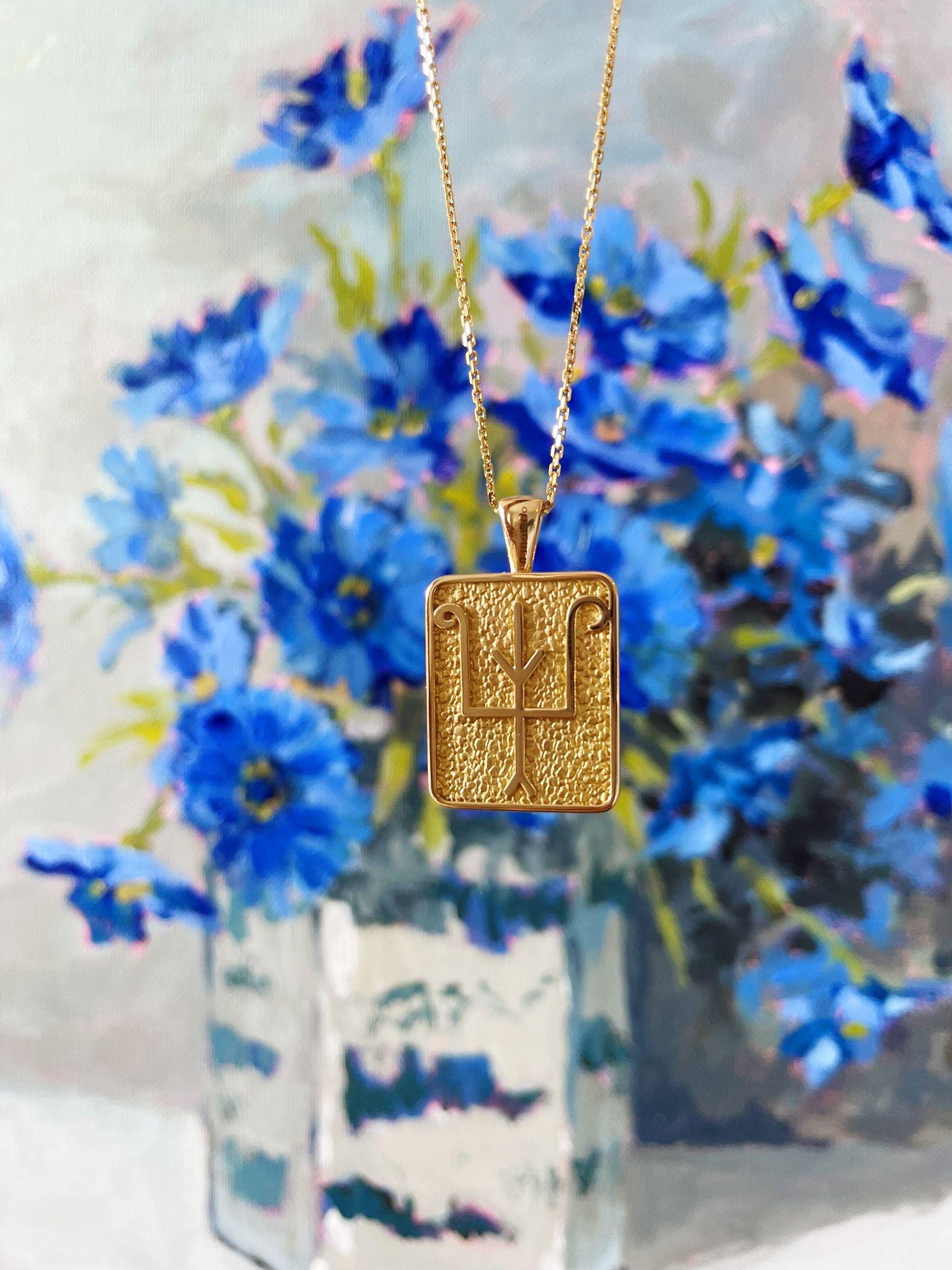 Artist Namesake Talisman Pendant in Lapis and 18ct Yellow Gold For Sale