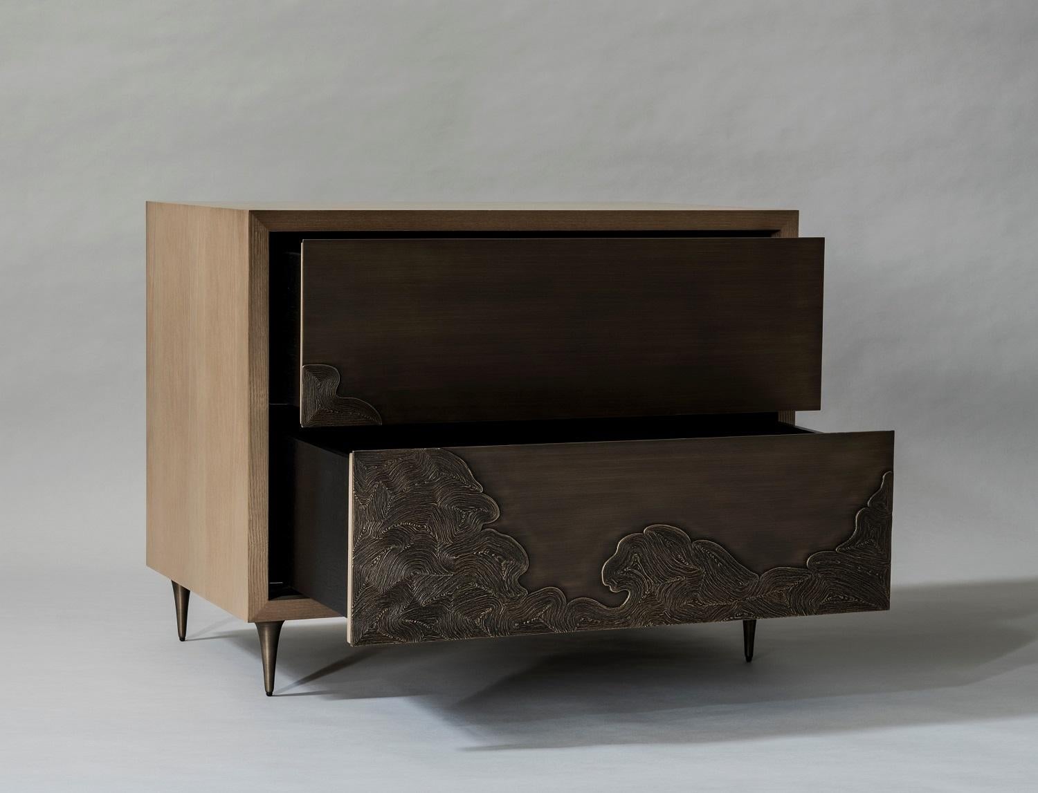 Modern Nami Bedside Table by DeMuro Das with Hand-Cast Solid Antique Bronze Drawers