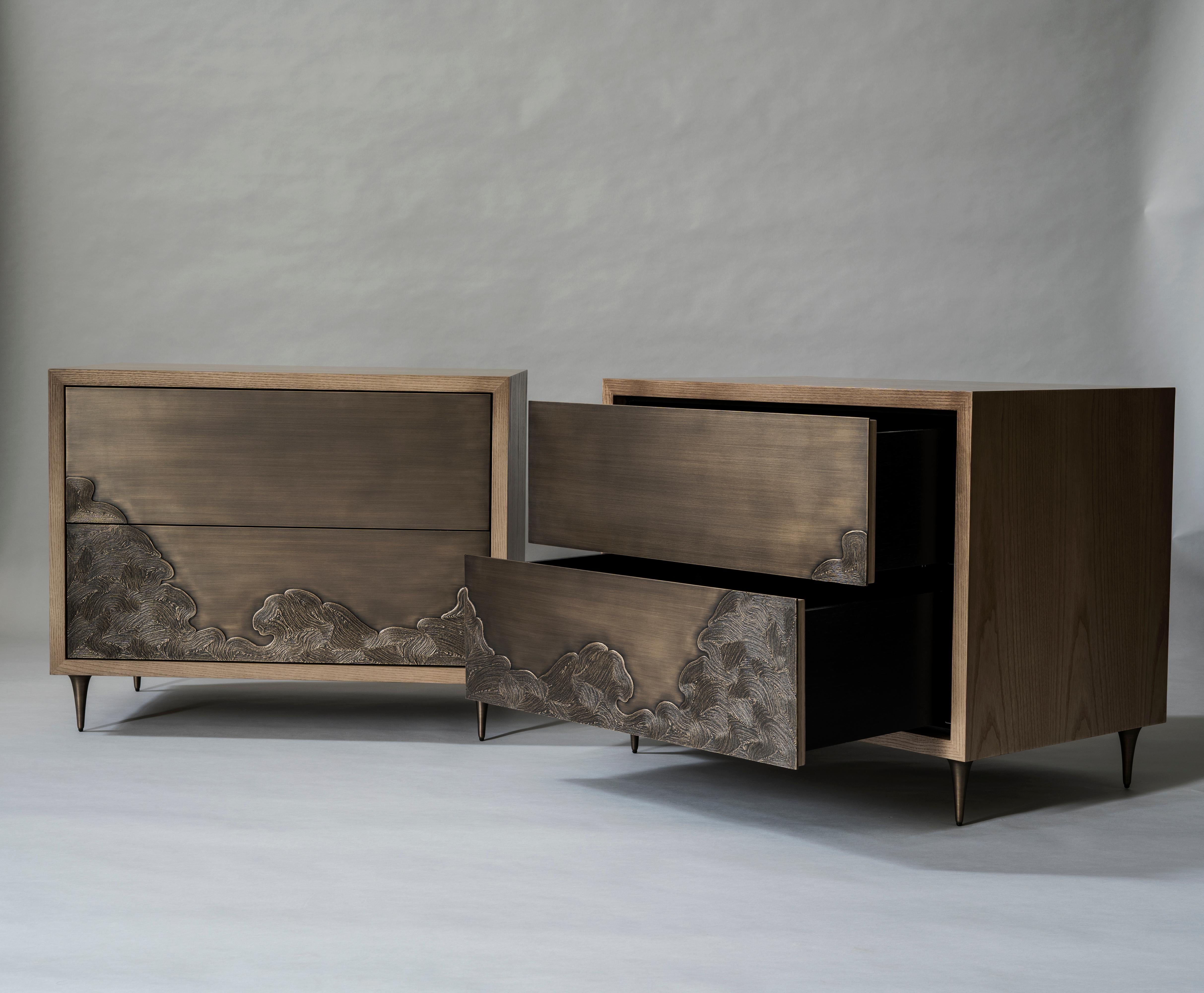 Indian Nami Bedside Table by DeMuro Das with Hand-Cast Solid Antique Bronze Drawers