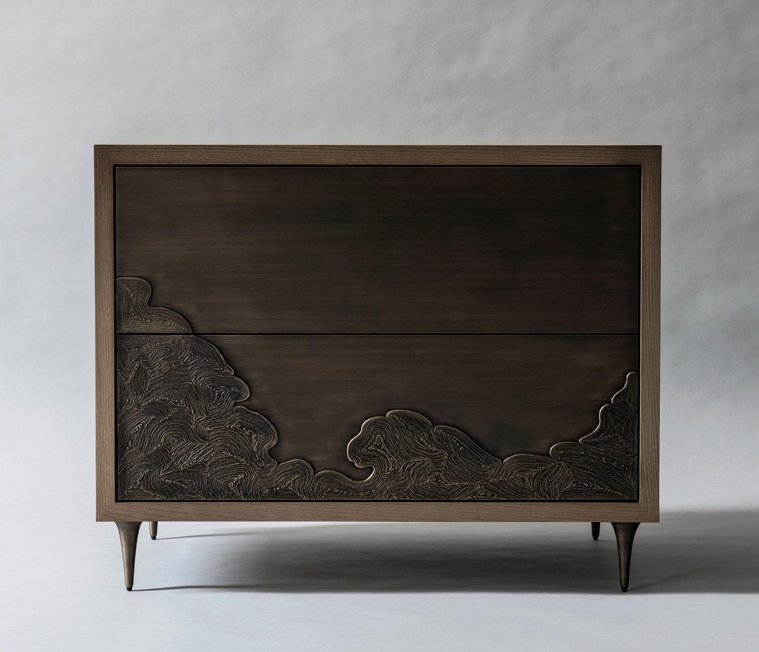 Nami Bedside Table by DeMuro Das with Hand-Cast Solid Antique Bronze Drawers In New Condition In New York, NY