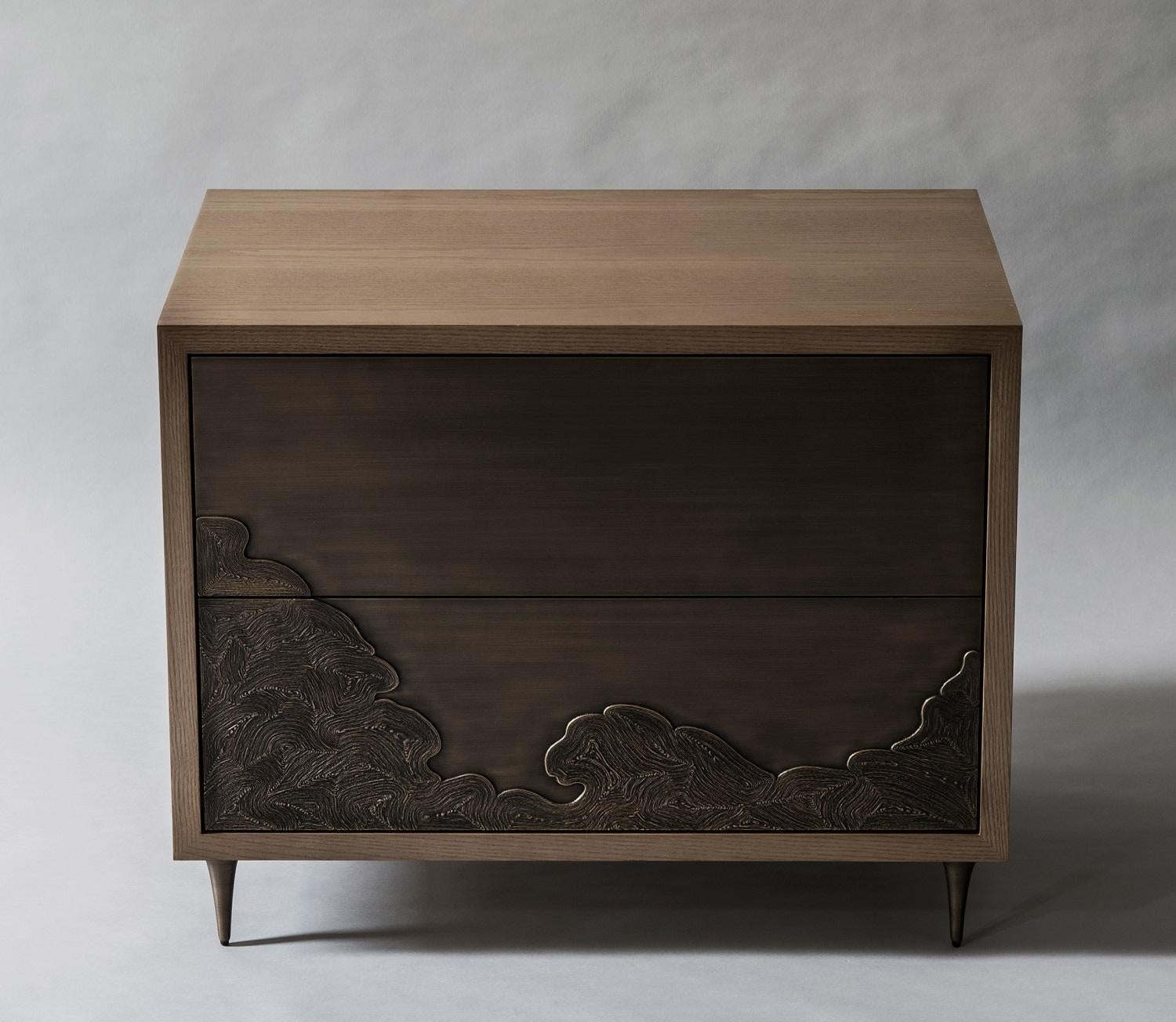 Contemporary Nami Bedside Table by DeMuro Das with Hand-Cast Solid Antique Bronze Drawers