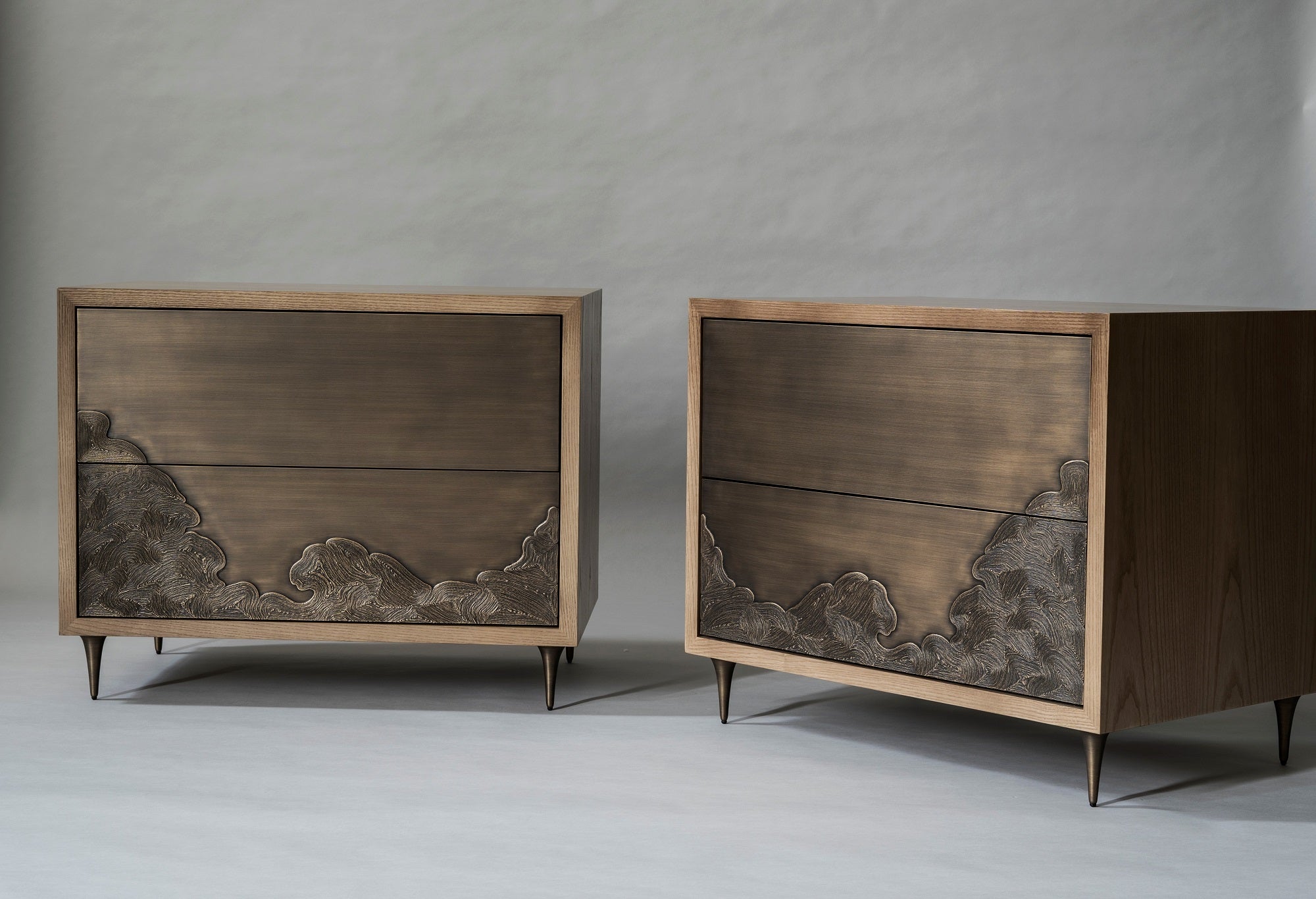 Nami Bedside Table by DeMuro Das with Hand-Cast Solid Antique Bronze Drawers
