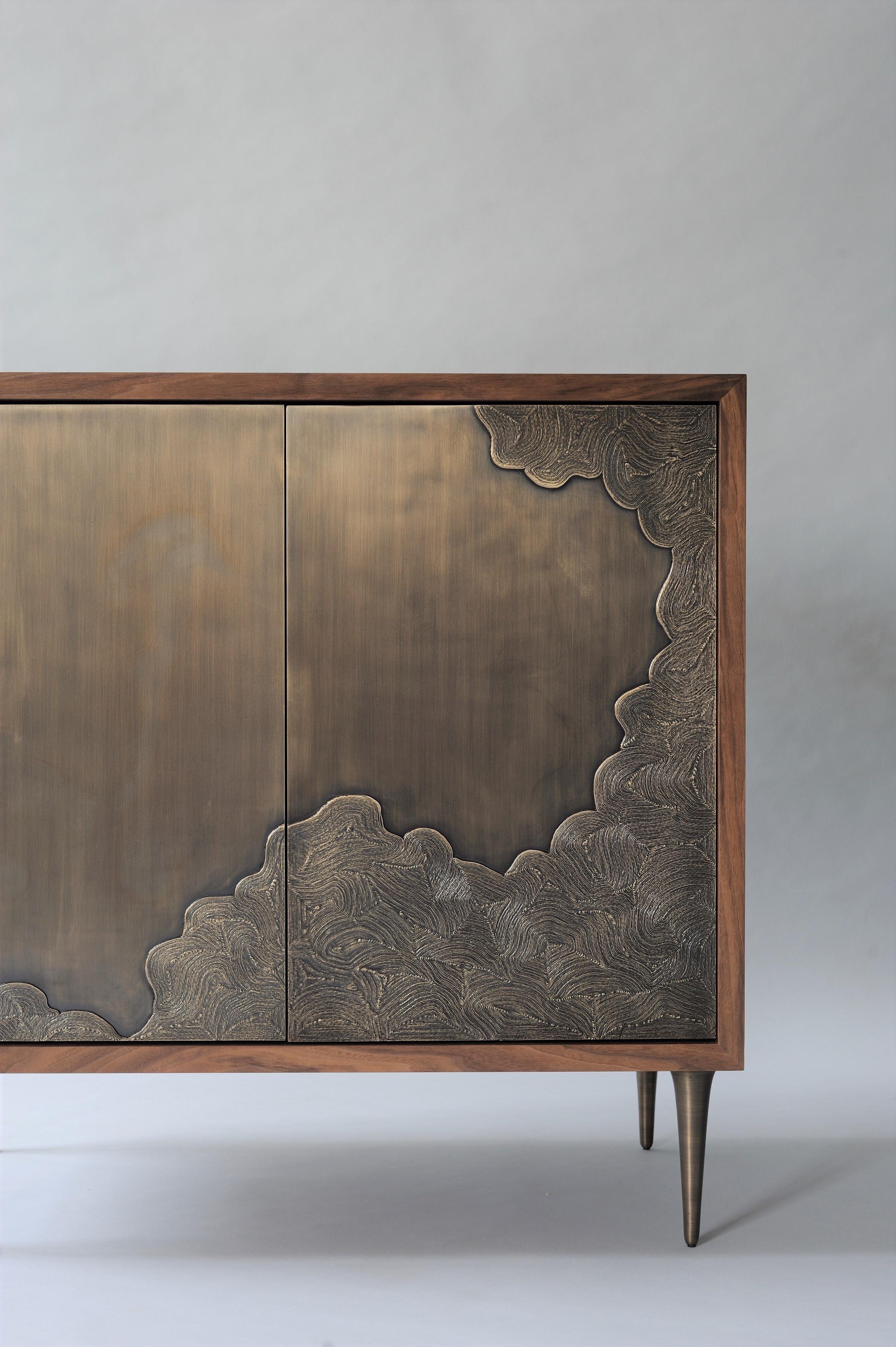 Indian Nami Cabinet, 2 Door by DeMuro Das in Walnut and Solid Antique Bronze For Sale