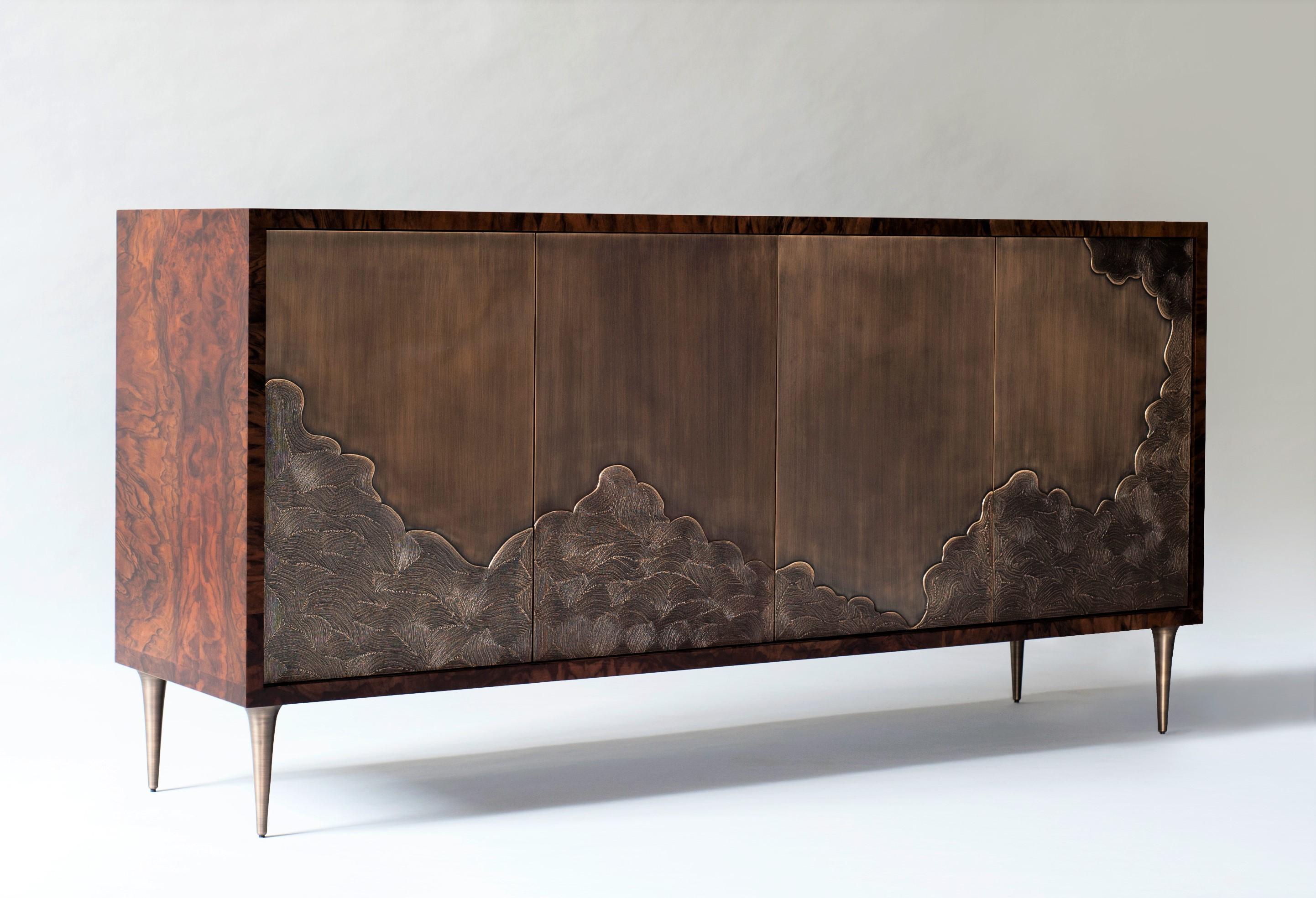 Modern Floor Model - Nami Cabinet by DeMuro Das in Walnut Burl and Antique Bronze