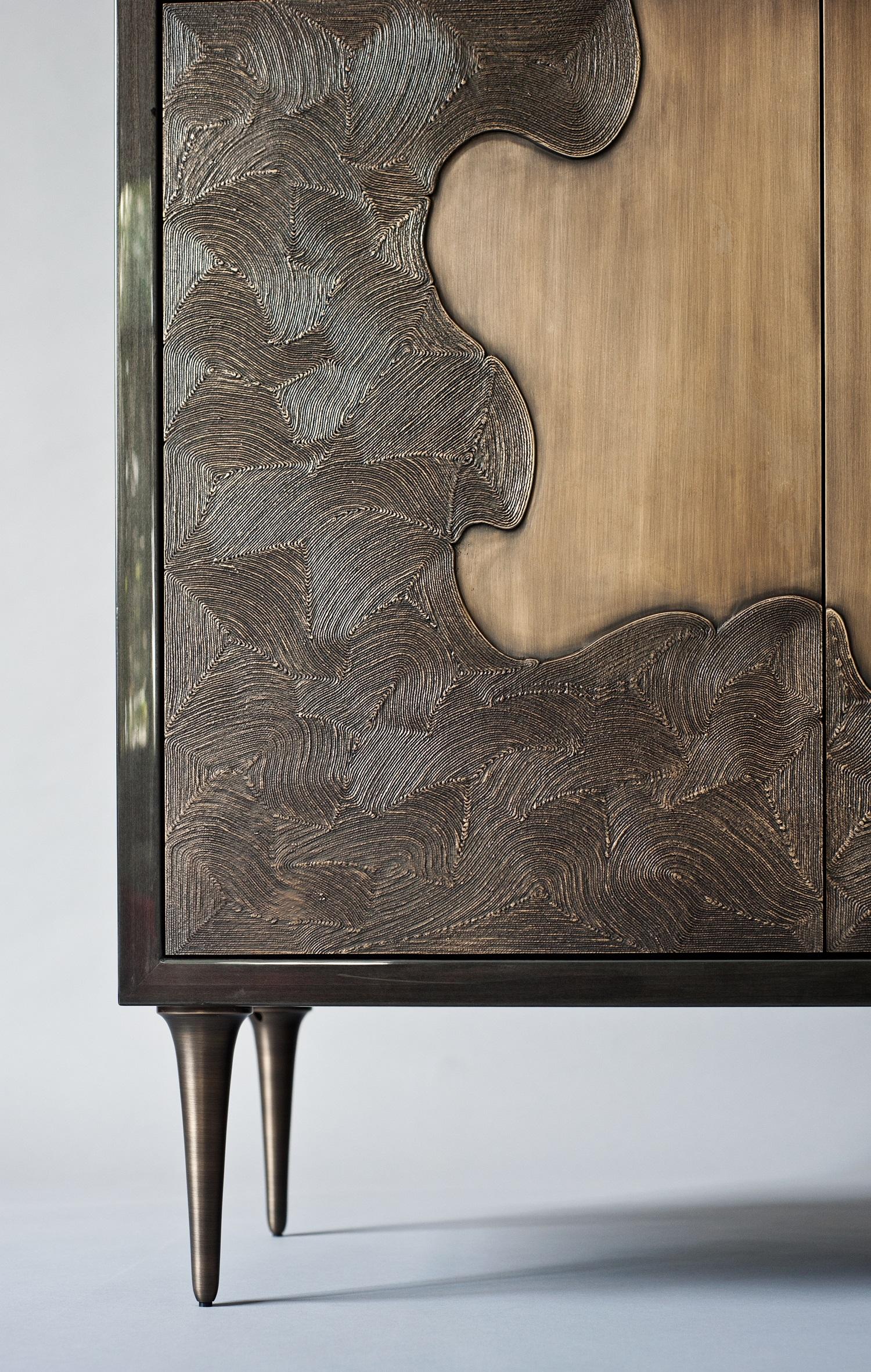 Modern Nami Tall Cabinet by DeMuro Das in Glossy Dark Grey Tulip and Antique Bronze