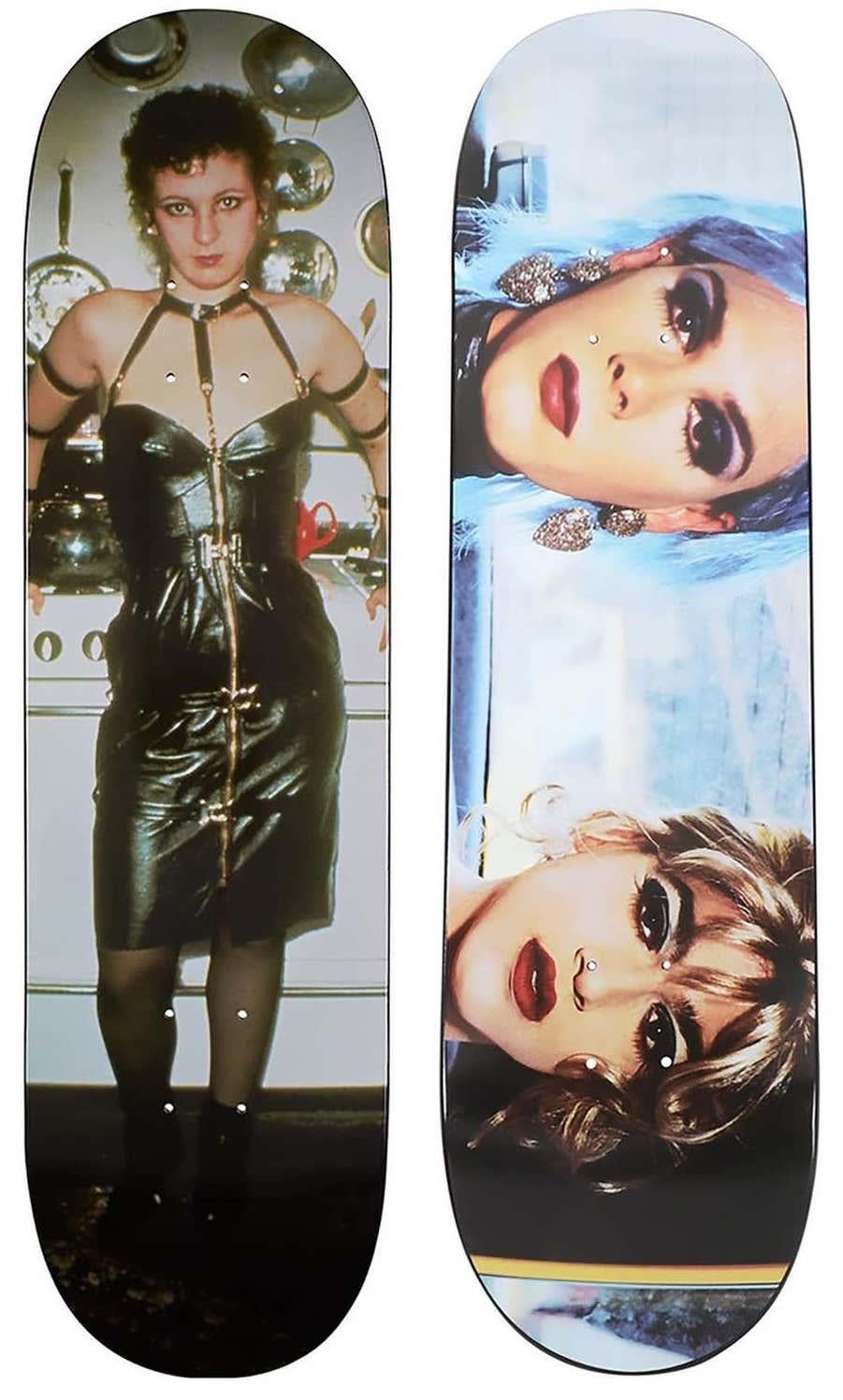 Nan Goldin Supreme Skateboard Decks, 2018 (set of 2):
– Misty and Jimmy Paulette in a taxi, (NYC 1991)
– Nan as a Dominatrix (Cambridge MA 1978)

Set of 2 limited edition Nan Goldin skateboard published by Supreme New York in 2018 incorporating the