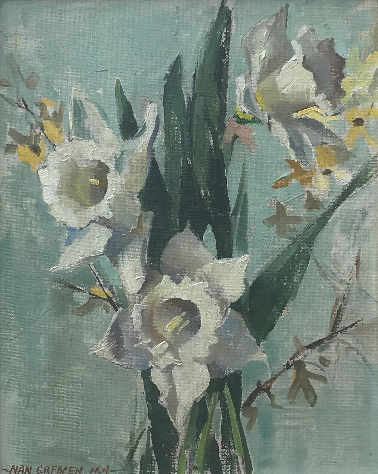 Pair of Still Life of Daffodils and Roses , original oil on board, 20th Century - Painting by Nan Greacen