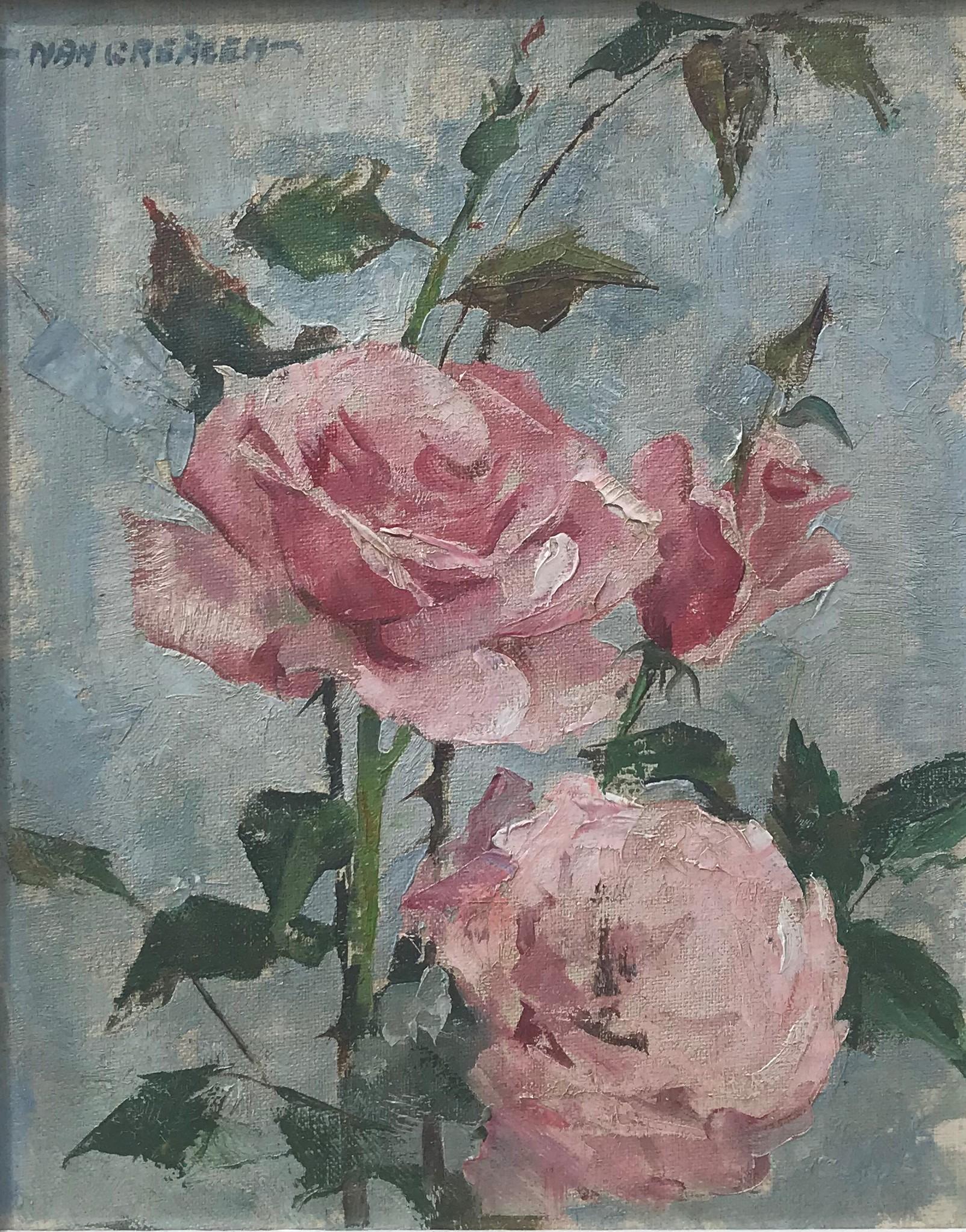 Coppia di nature morte di narcisi e rose , olio originale su tavola, 20° secolo - Painting Postimpressionismo di Nan Greacen