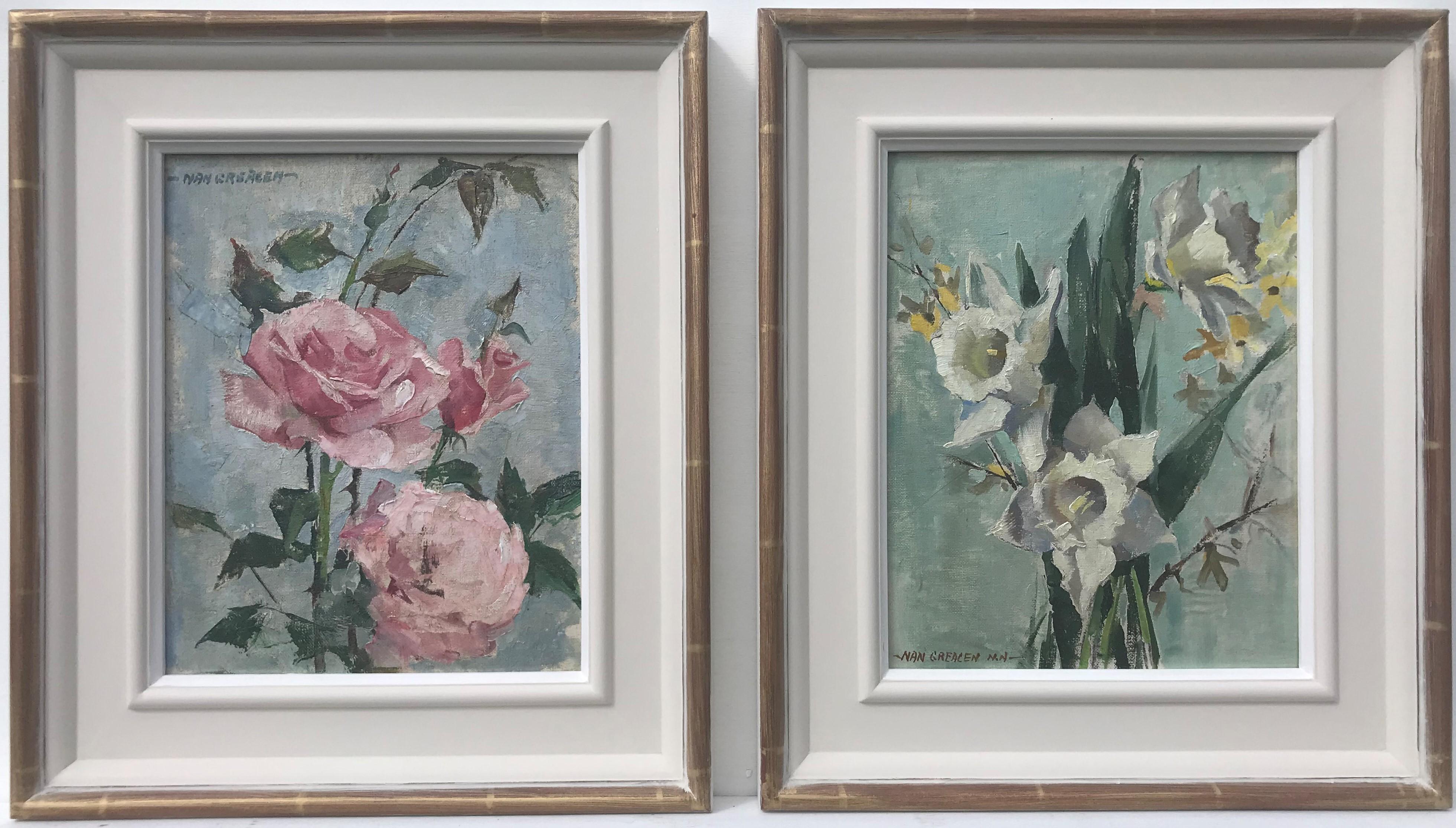 Nan Greacen Still-Life Painting - Pair of Still Life of Daffodils and Roses , original oil on board, 20th Century