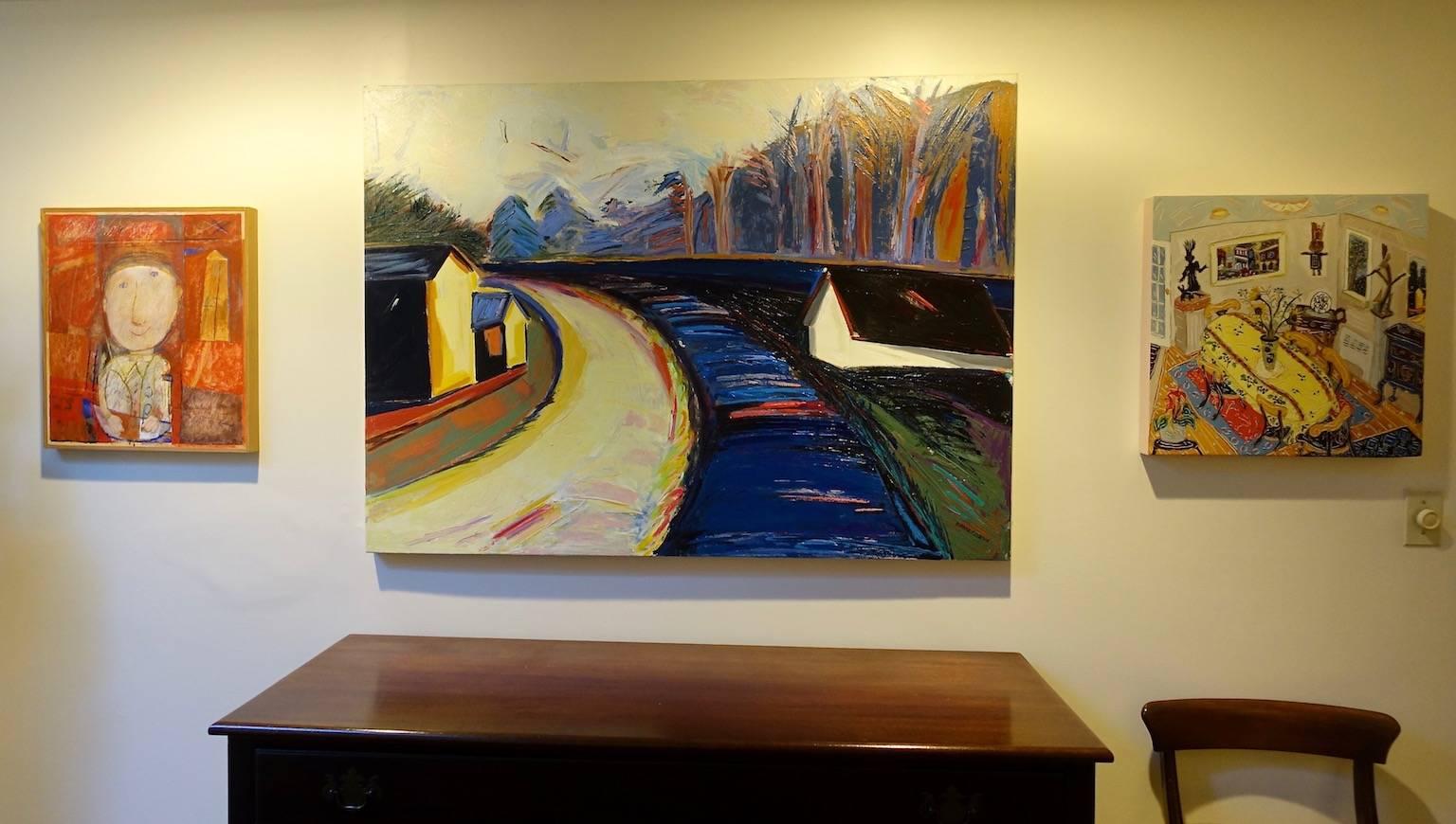 « A Bend in the River », paysage, expressionniste, bleus, verts, peinture acrylique - Noir Landscape Painting par Nan Hass Feldman