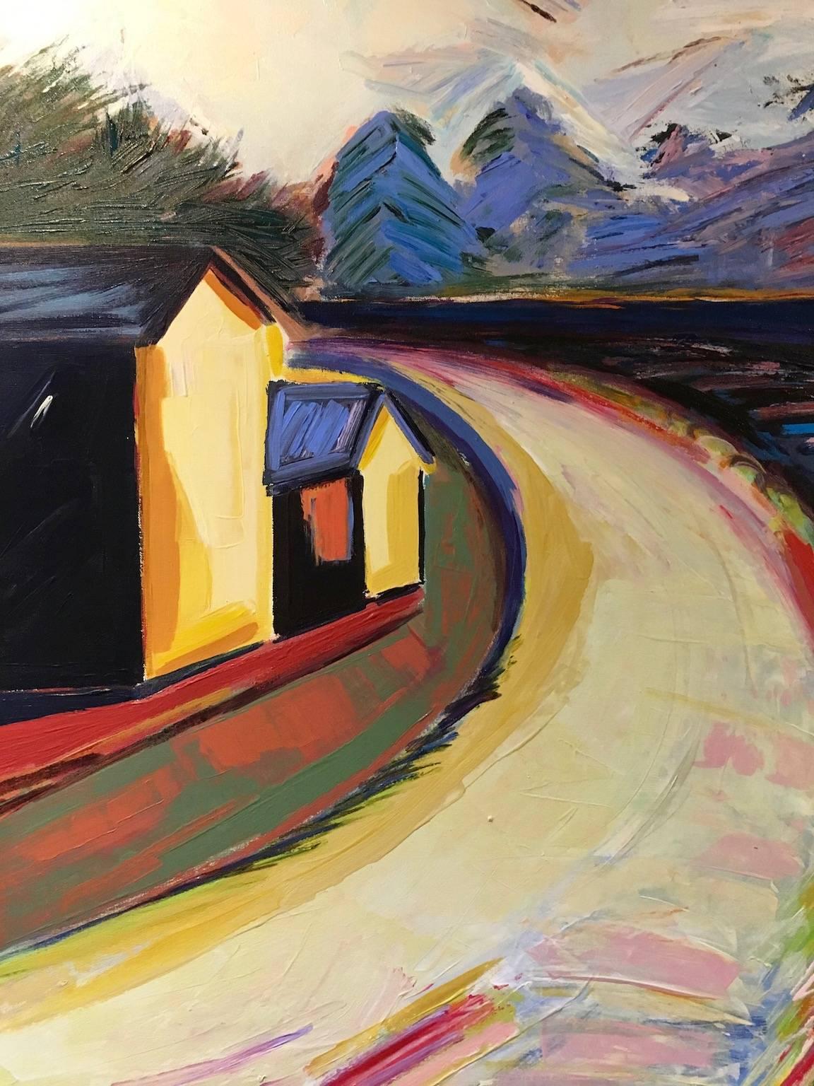 « A Bend in the River », paysage, expressionniste, bleus, verts, peinture acrylique 1