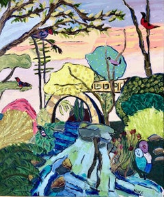 "A Bridge to the Sky", oil painting, landscape, botanical, bird, jungle, nature