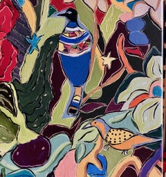 "A Strange Song", oil painting, jungle, birds, flowers, reds, greens, blues