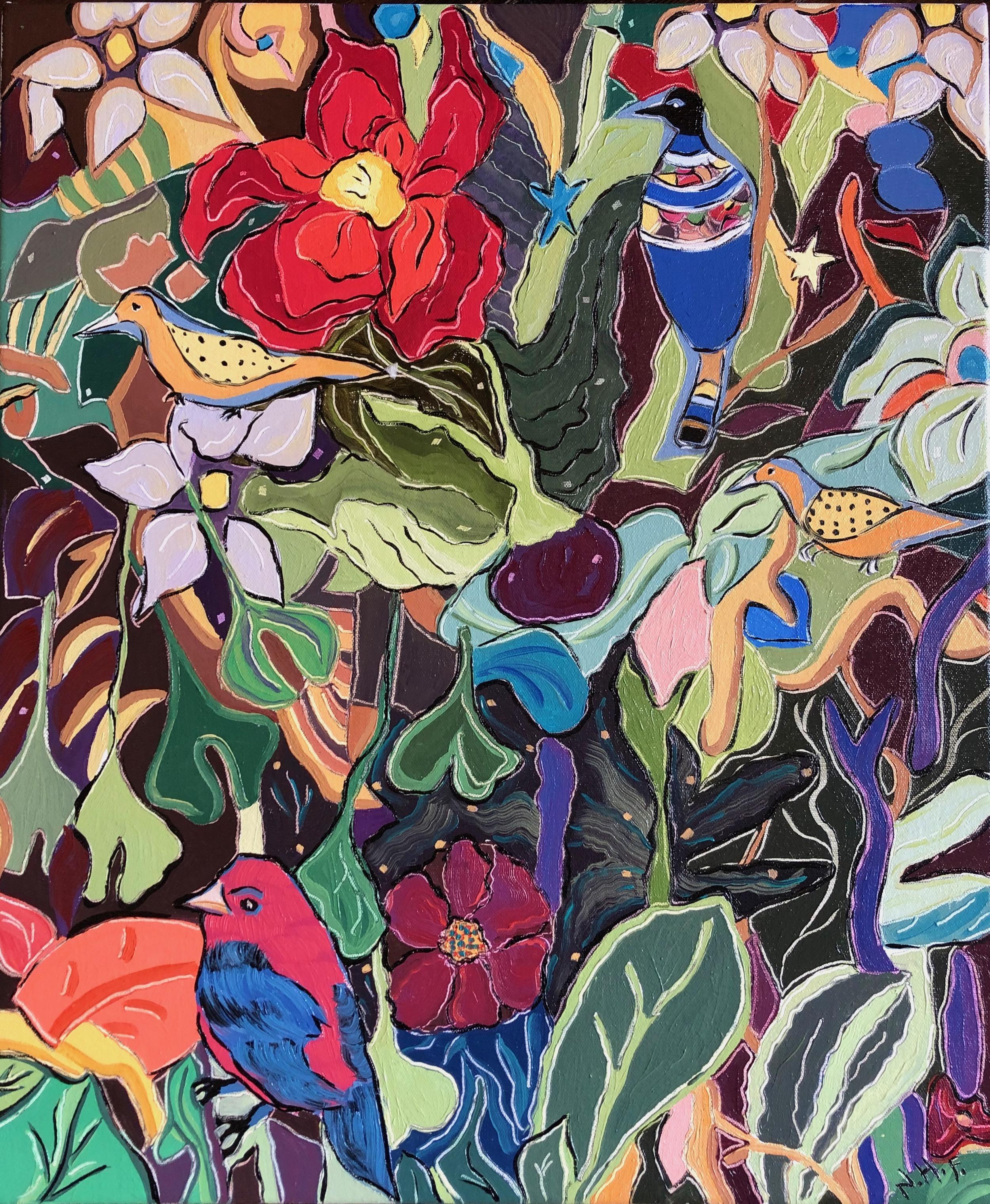 "A Strange Song", oil painting, jungle, birds, flowers, reds, greens, blues - Painting by Nan Hass Feldman