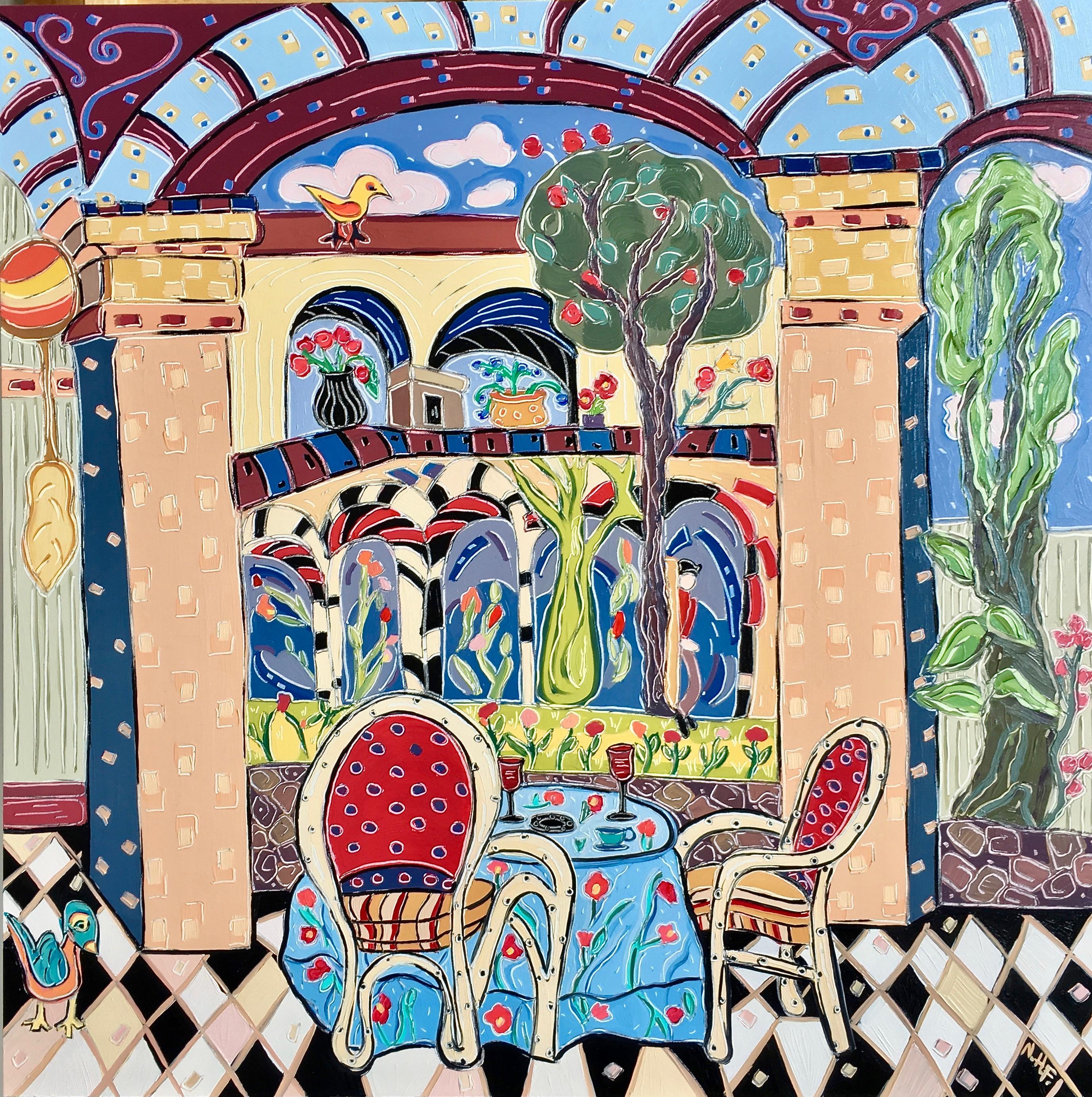 Al Fresco Dining in Opulent Courtyard. Title - Lunch in the Courtyard - Painting by Nan Hass Feldman
